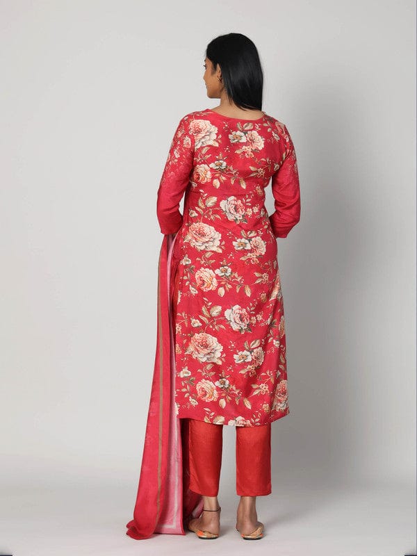 Red 3/4th Sleeves Soft Tissue Floral print with embellishment work Calf length Kurta Set - With Dupatta