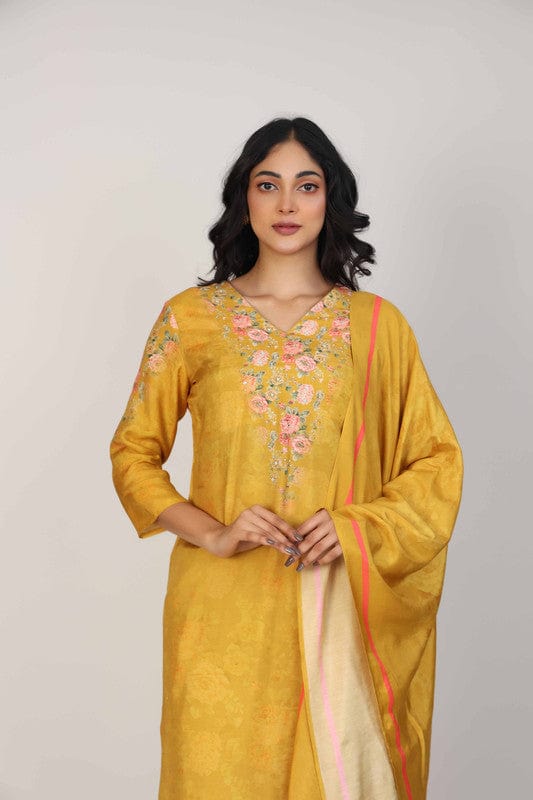Yellow 3/4th Sleeves Soft Tissue Floral print with embellishment work Calf length Kurta Set - With Dupatta