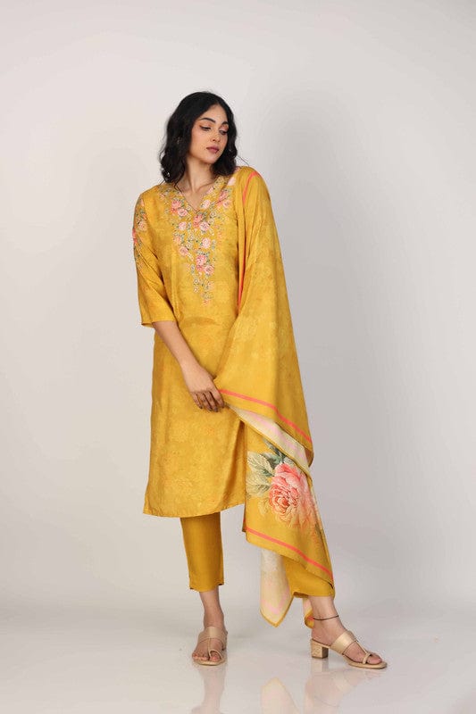 Yellow 3/4th Sleeves Soft Tissue Floral print with embellishment work Calf length Kurta Set - With Dupatta