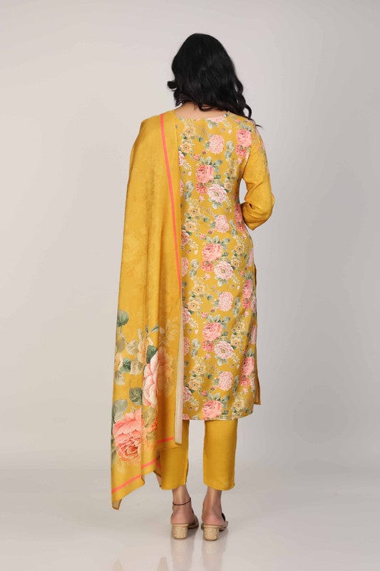 Yellow 3/4th Sleeves Soft Tissue Floral print with embellishment work Calf length Kurta Set - With Dupatta