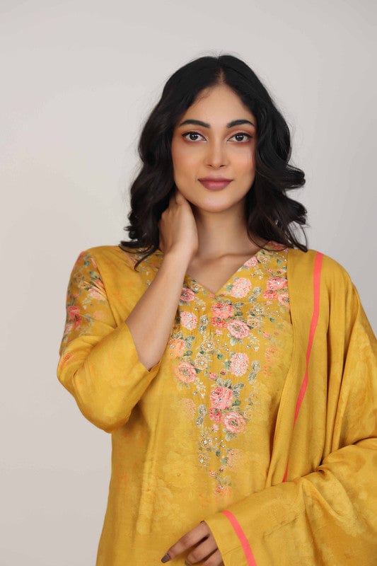 Yellow 3/4th Sleeves Soft Tissue Floral print with embellishment work Calf length Kurta Set - With Dupatta