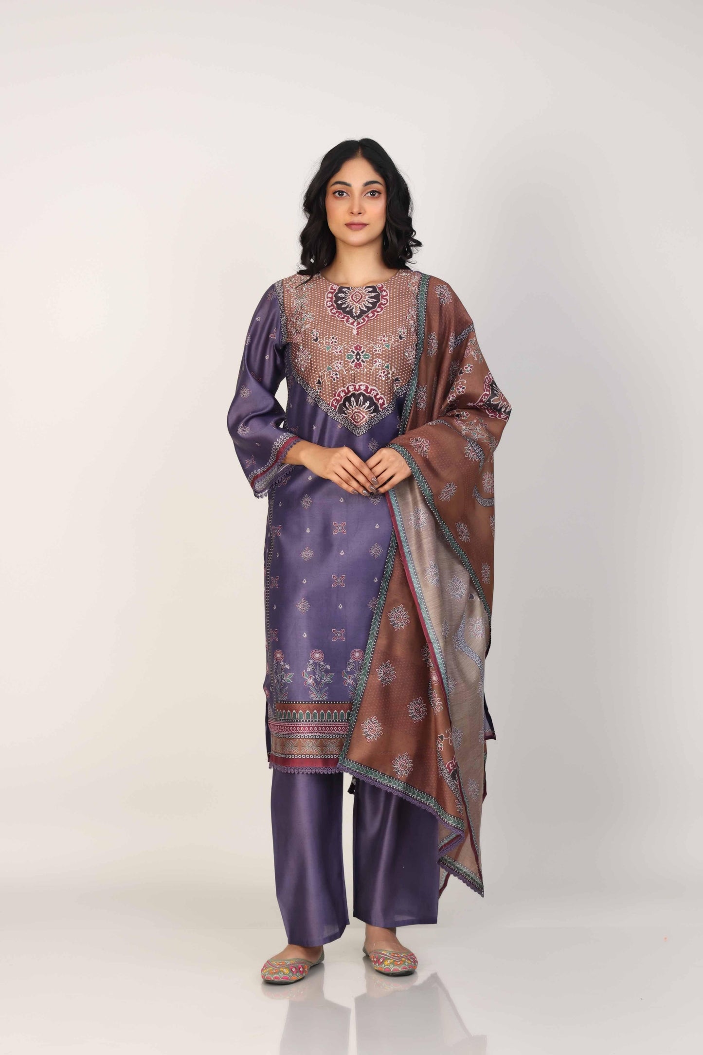 Grape 3/4th Sleeves Silk Chanderi All over print, mixed prints Calf length Kurta Set - With Dupatta