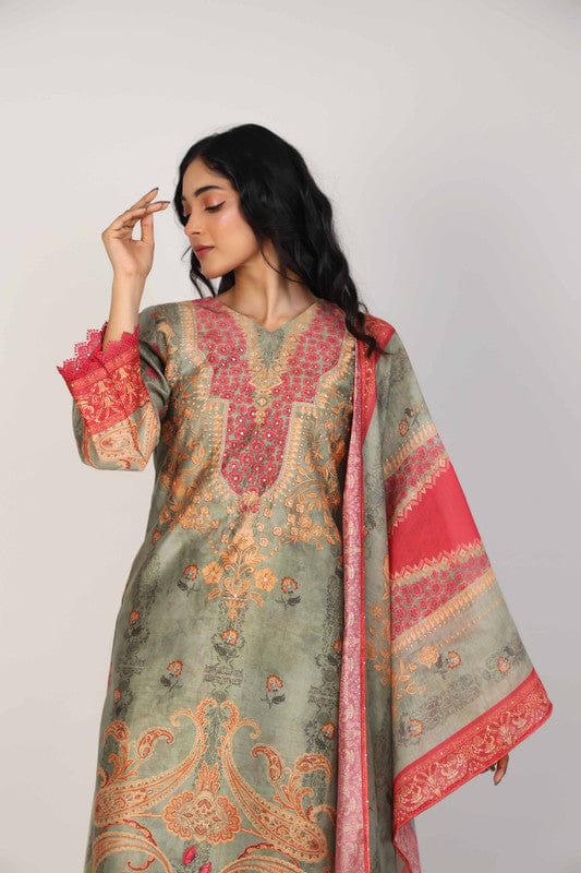 Green 3/4th Sleeves Silk Chanderi All over print Calf length Kurta Set - With Dupatta