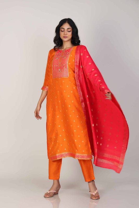Orange 3/4th Sleeves Dola silk Zari and embellishment work Calf length Kurta Set - With Dupatta