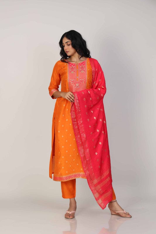 Orange 3/4th Sleeves Dola silk Zari and embellishment work Calf length Kurta Set - With Dupatta