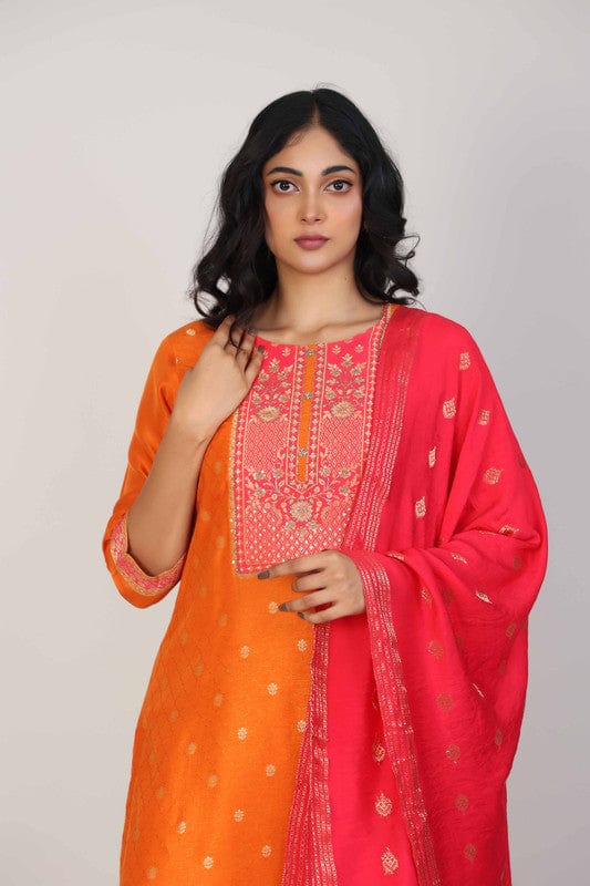 Orange 3/4th Sleeves Dola silk Zari and embellishment work Calf length Kurta Set - With Dupatta