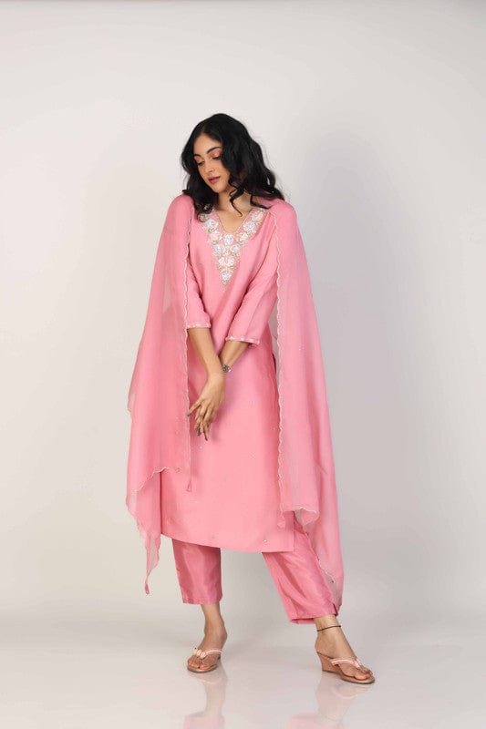 Onion Pink 3/4th Sleeves Silk Chanderi Embellishment work with sequin work placement Calf length Kurta Set - With Dupatta