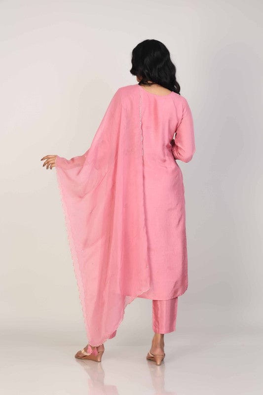 Onion Pink 3/4th Sleeves Silk Chanderi Embellishment work with sequin work placement Calf length Kurta Set - With Dupatta