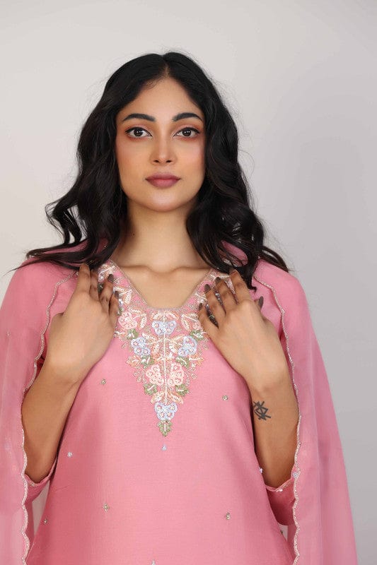Onion Pink 3/4th Sleeves Silk Chanderi Embellishment work with sequin work placement Calf length Kurta Set - With Dupatta