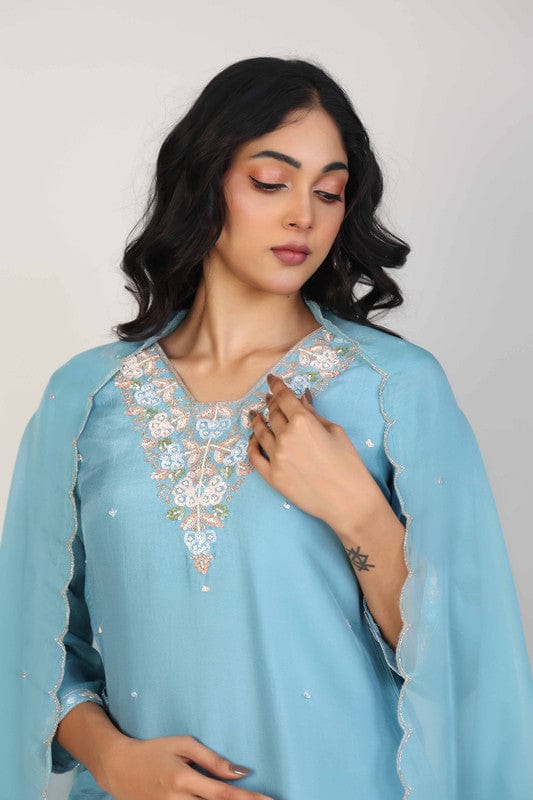 Pastel Blue 3/4th Sleeves Silk Chanderi Embellishment work with sequin work placement Calf length Kurta Set - With Dupatta