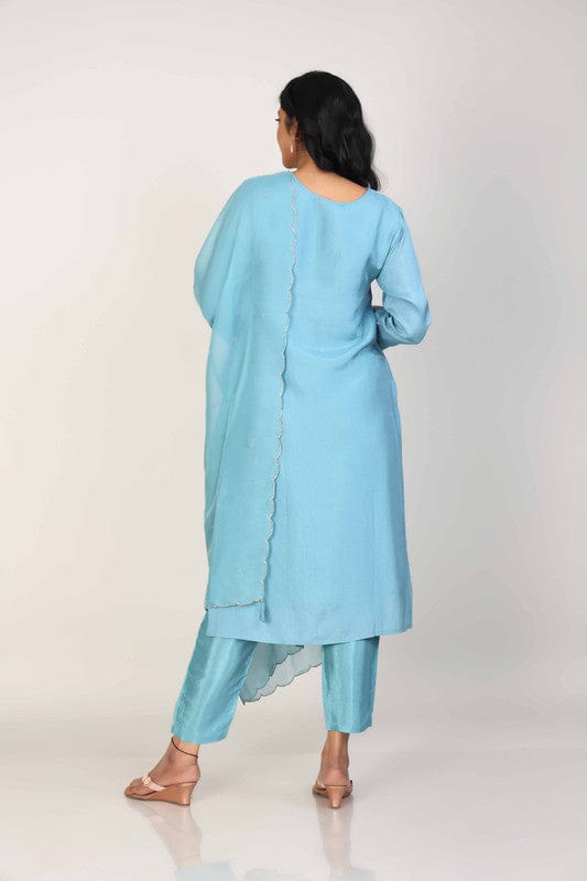 Pastel Blue 3/4th Sleeves Silk Chanderi Embellishment work with sequin work placement Calf length Kurta Set - With Dupatta
