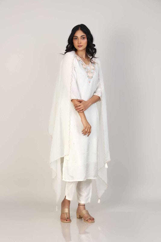 Pearl 3/4th Sleeves Dola Silk Embellishment work with sequin work placement Calf length Kurta Set - With Dupatta