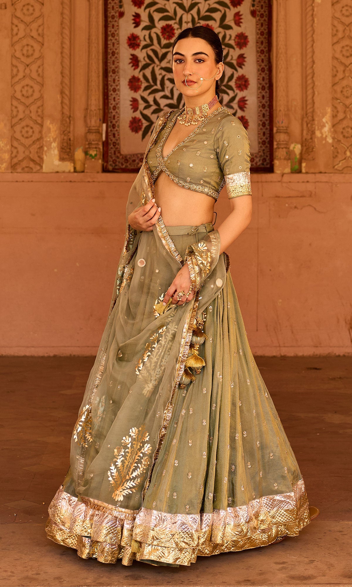 Phillauri 2 ash grey embroidered tissue double layered lehenga with blouse and dupatta (set of 3)