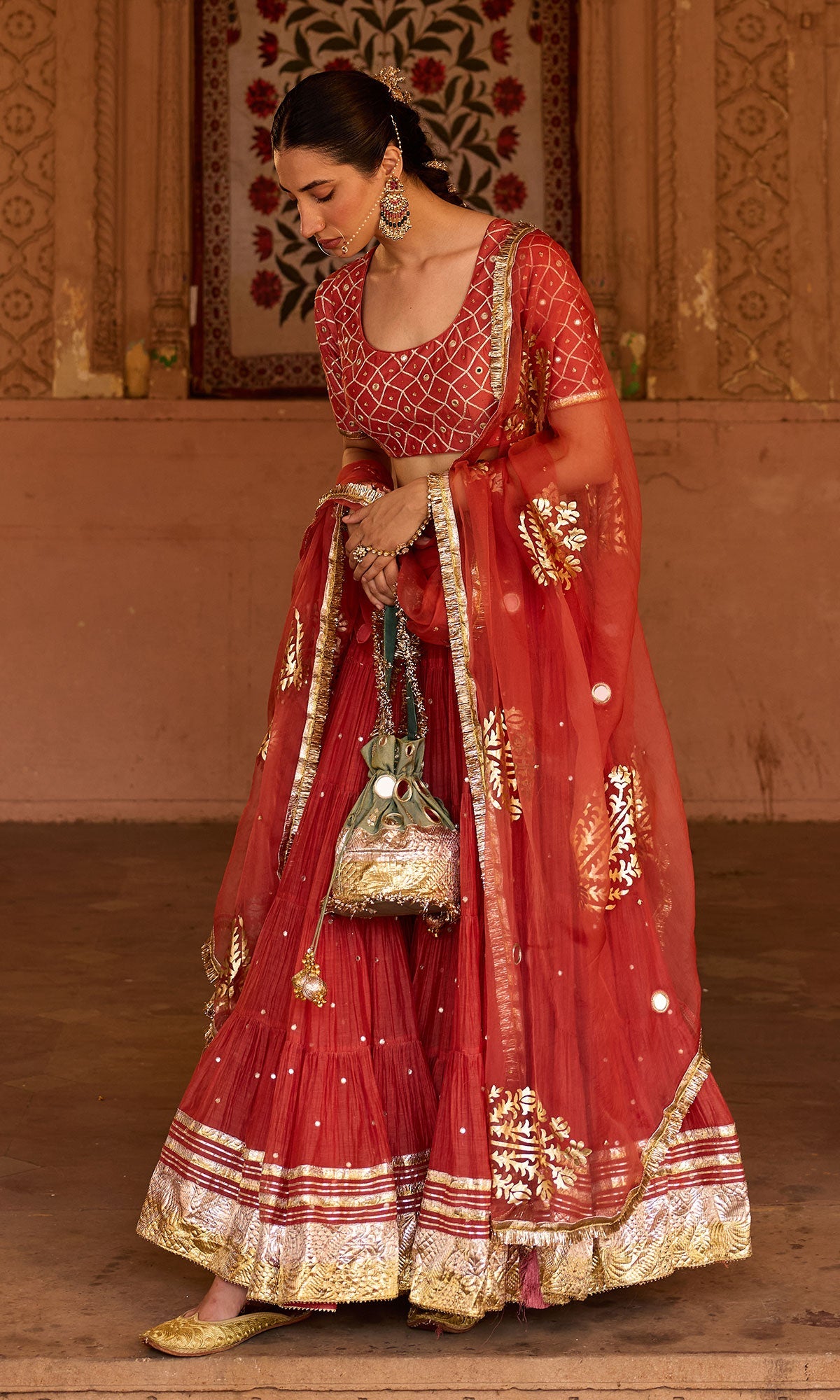 Phillauri 2 rust teared lehenga with gota work blouse and foil print dupatta (set of 3)