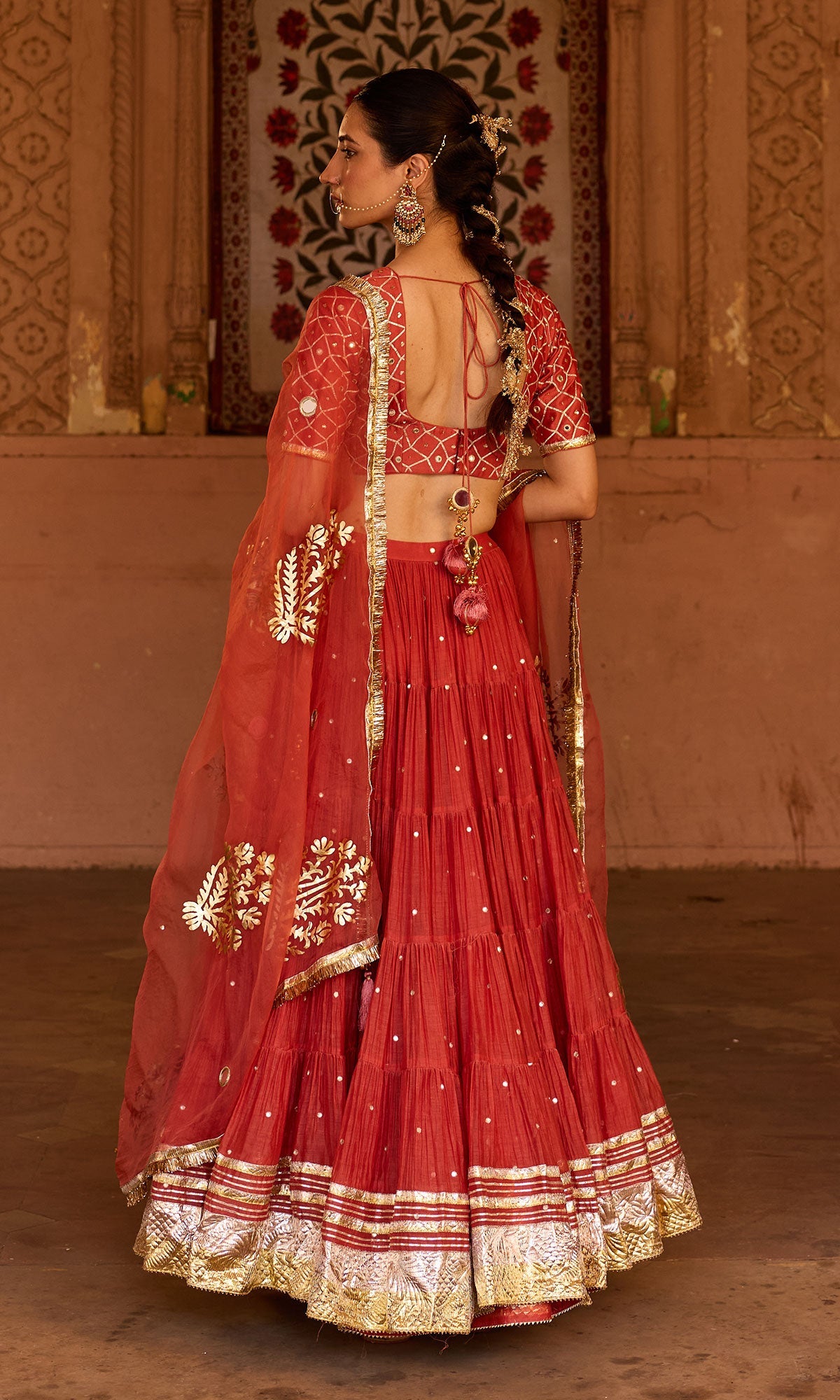 Phillauri 2 rust teared lehenga with gota work blouse and foil print dupatta (set of 3)