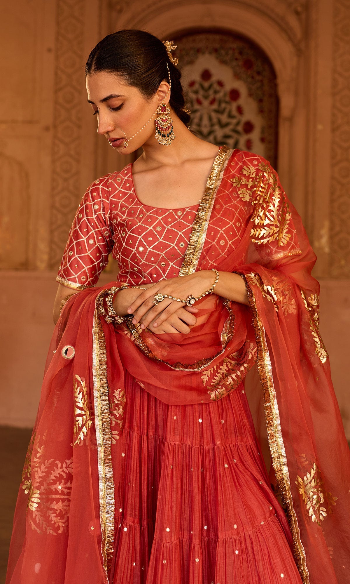 Phillauri 2 rust teared lehenga with gota work blouse and foil print dupatta (set of 3)
