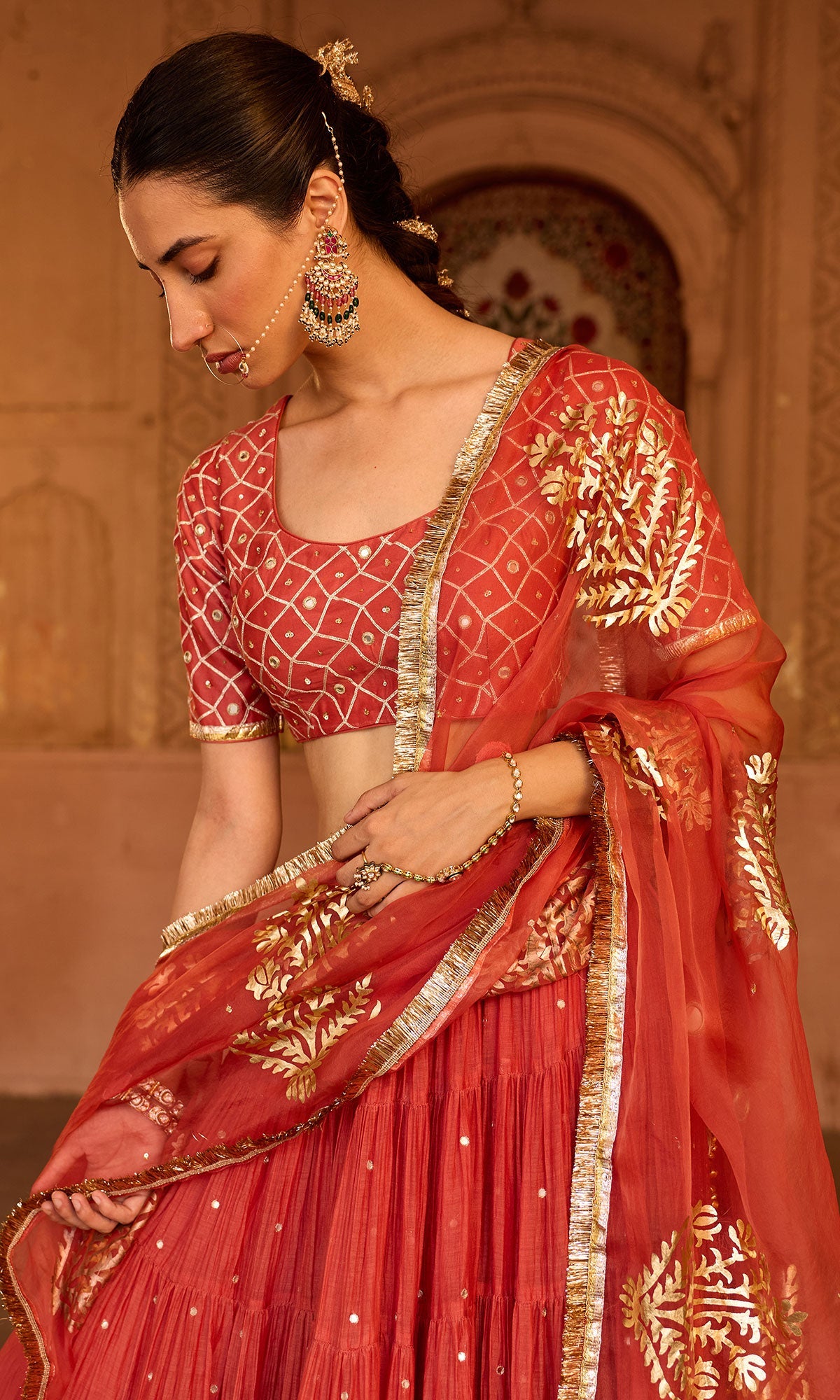Phillauri 2 rust teared lehenga with gota work blouse and foil print dupatta (set of 3)