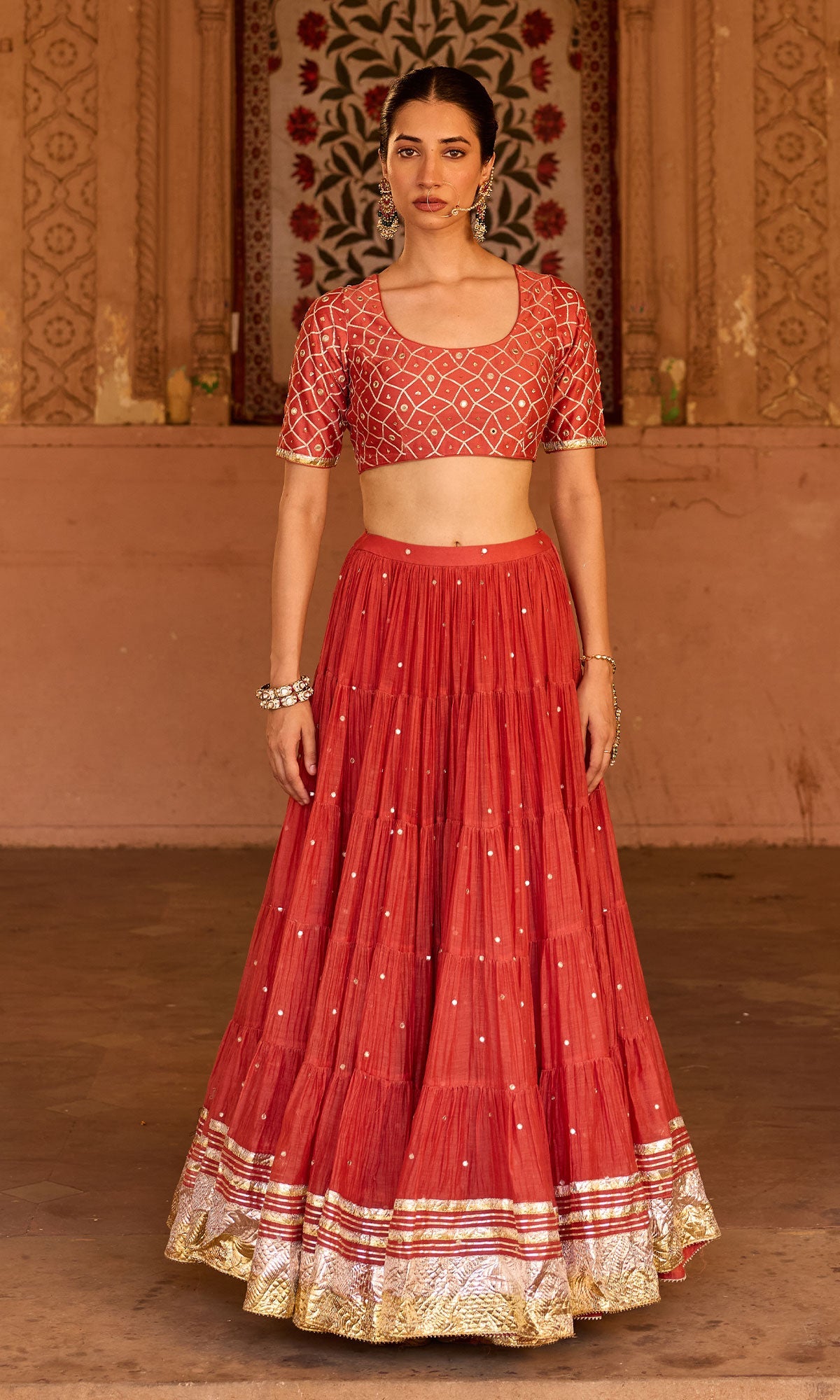 Phillauri 2 rust teared lehenga with gota work blouse and foil print dupatta (set of 3)