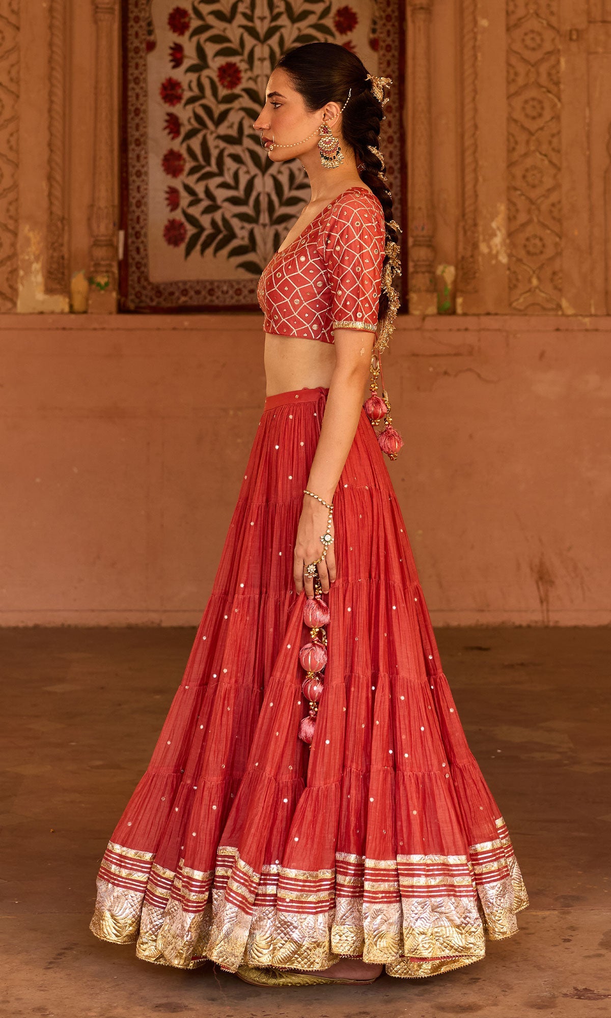 Phillauri 2 rust teared lehenga with gota work blouse and foil print dupatta (set of 3)