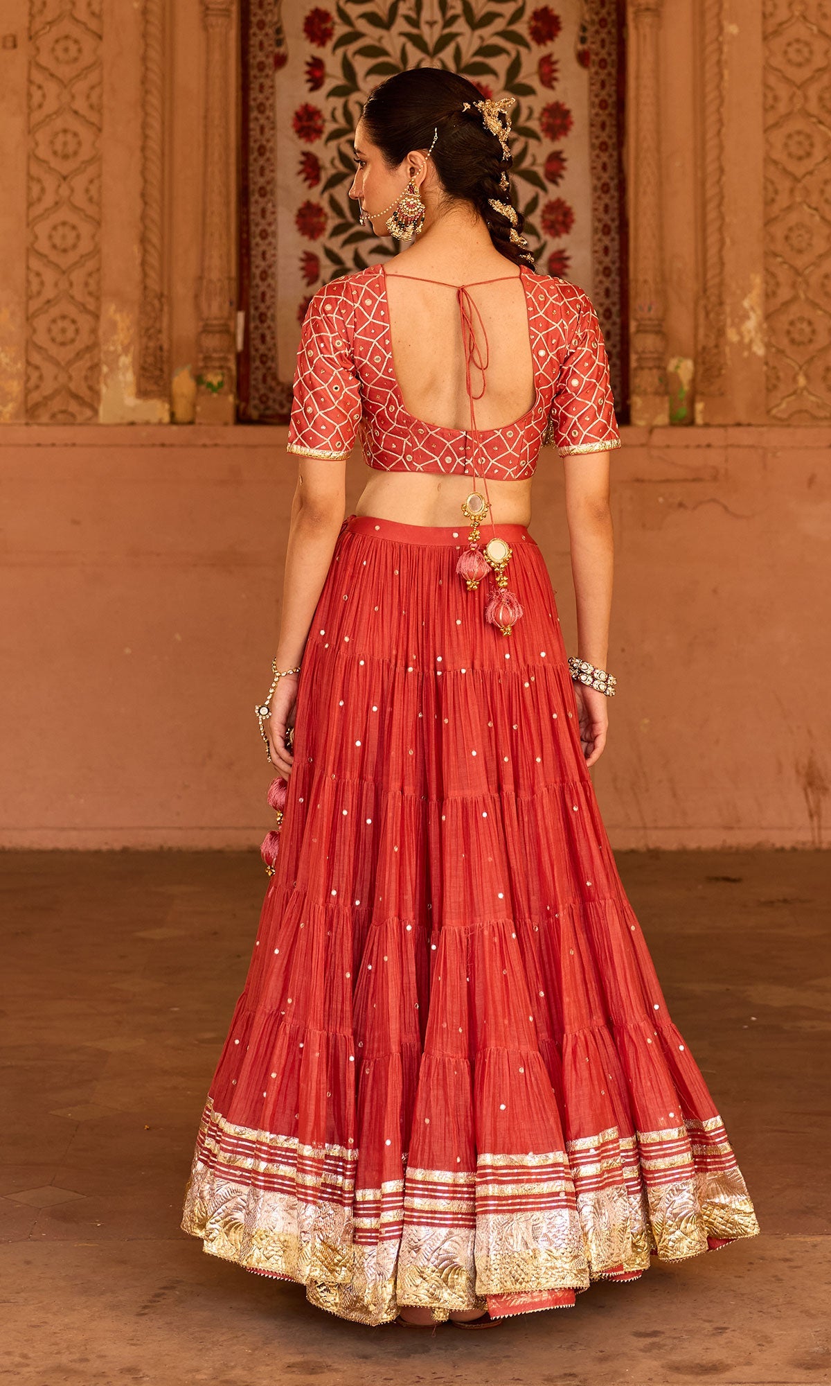 Phillauri 2 rust teared lehenga with gota work blouse and foil print dupatta (set of 3)