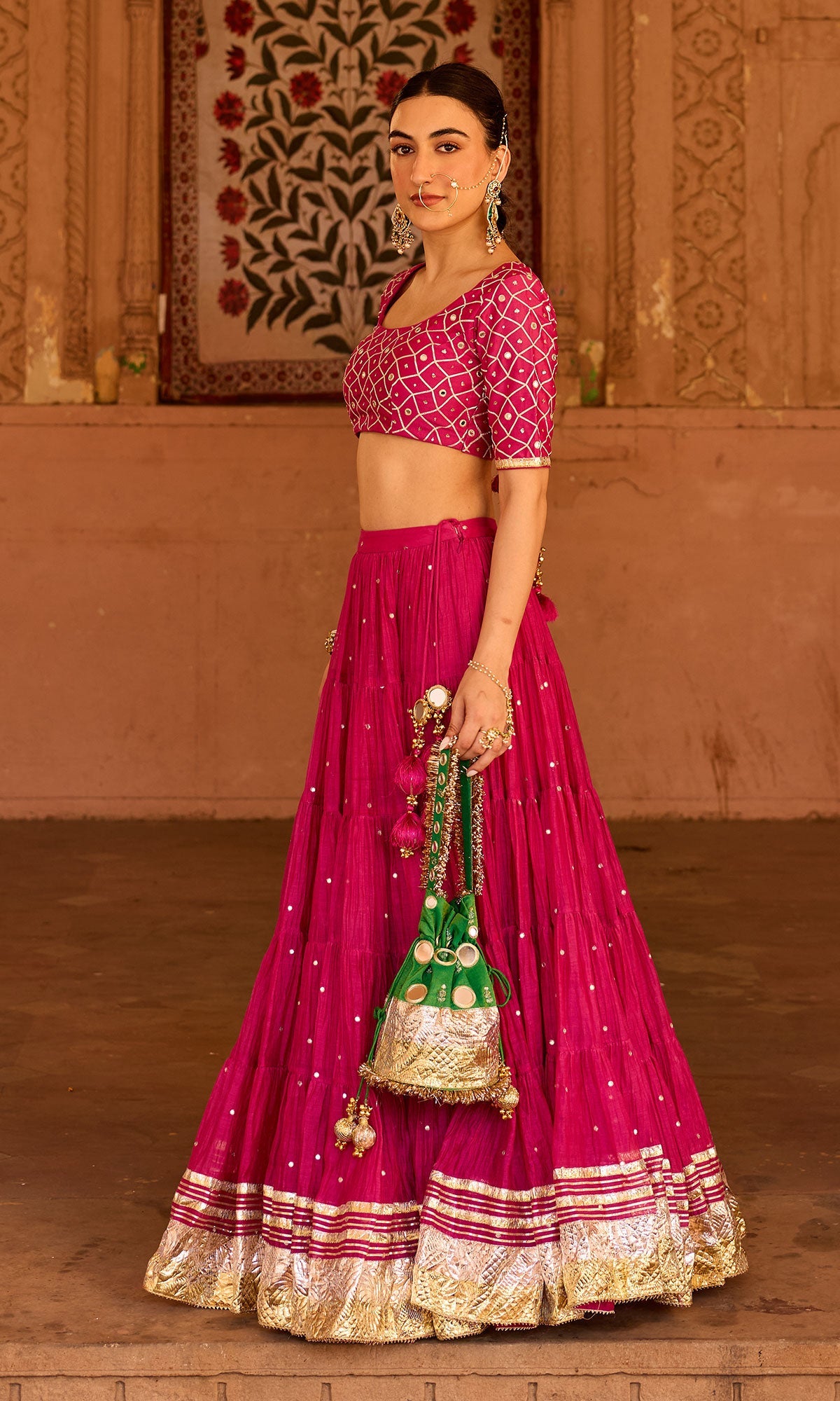Phillauri 2 rani pink teared lehenga with gota work blouse and foil print dupatta (set of 3)