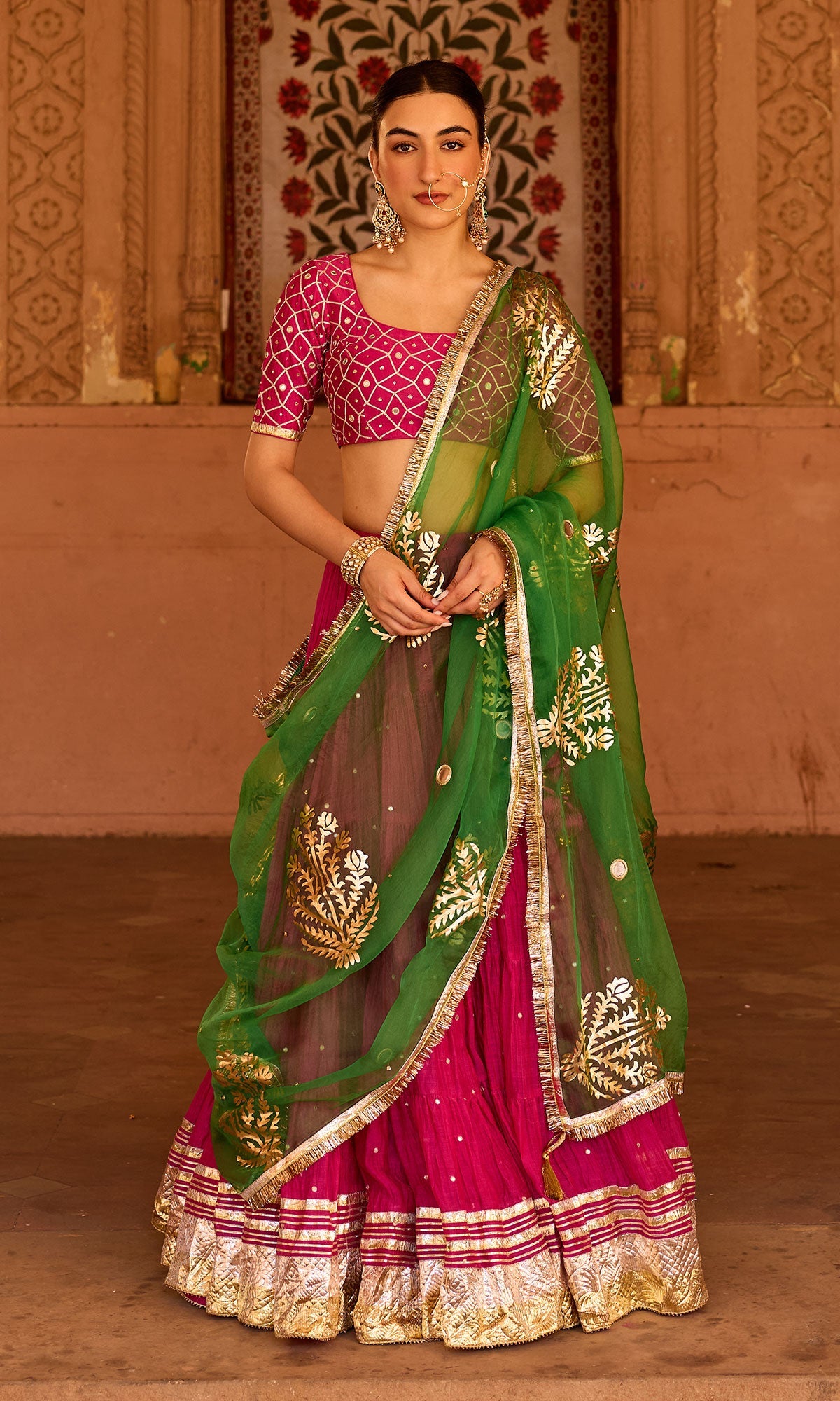 Phillauri 2 rani pink teared lehenga with gota work blouse and foil print dupatta (set of 3)