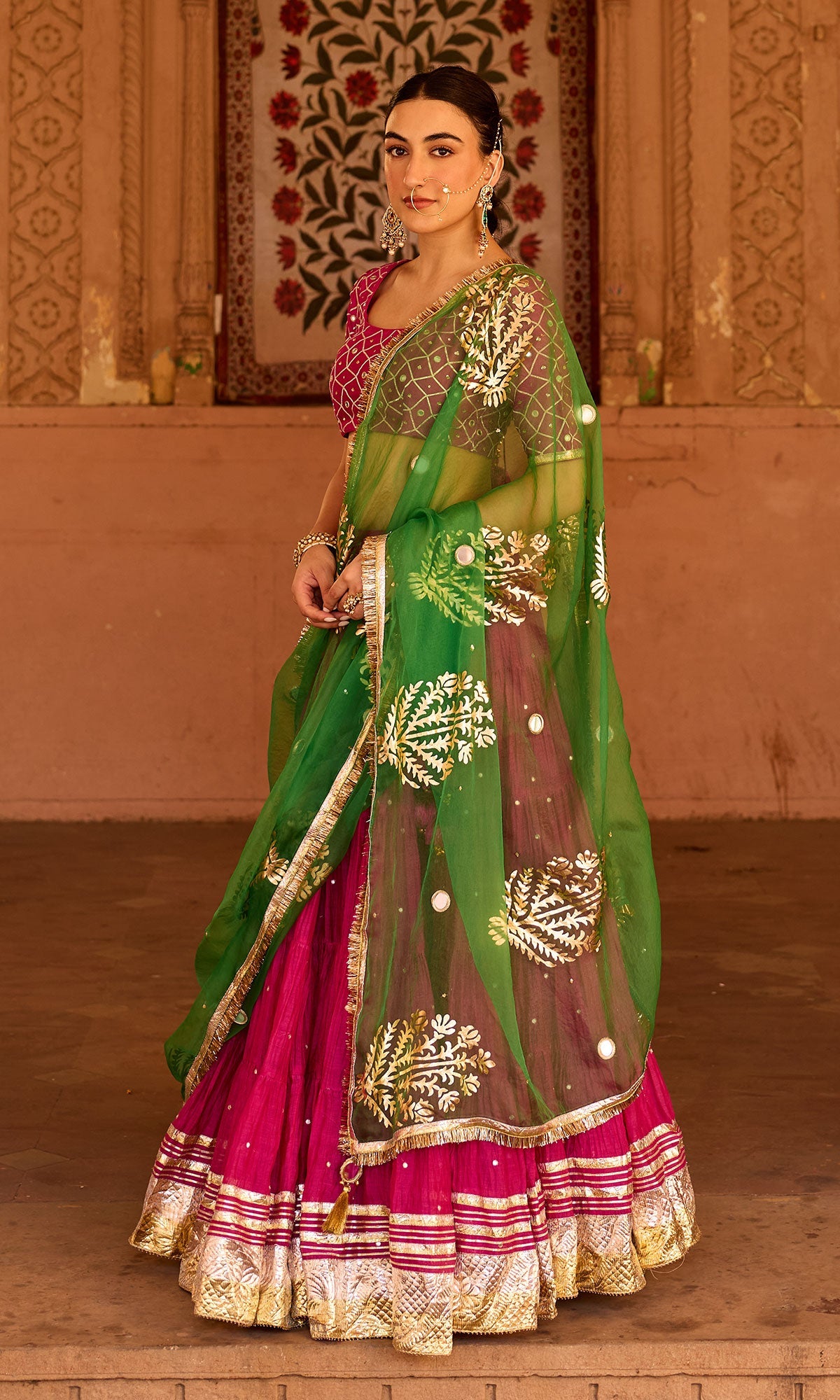 Phillauri 2 rani pink teared lehenga with gota work blouse and foil print dupatta (set of 3)