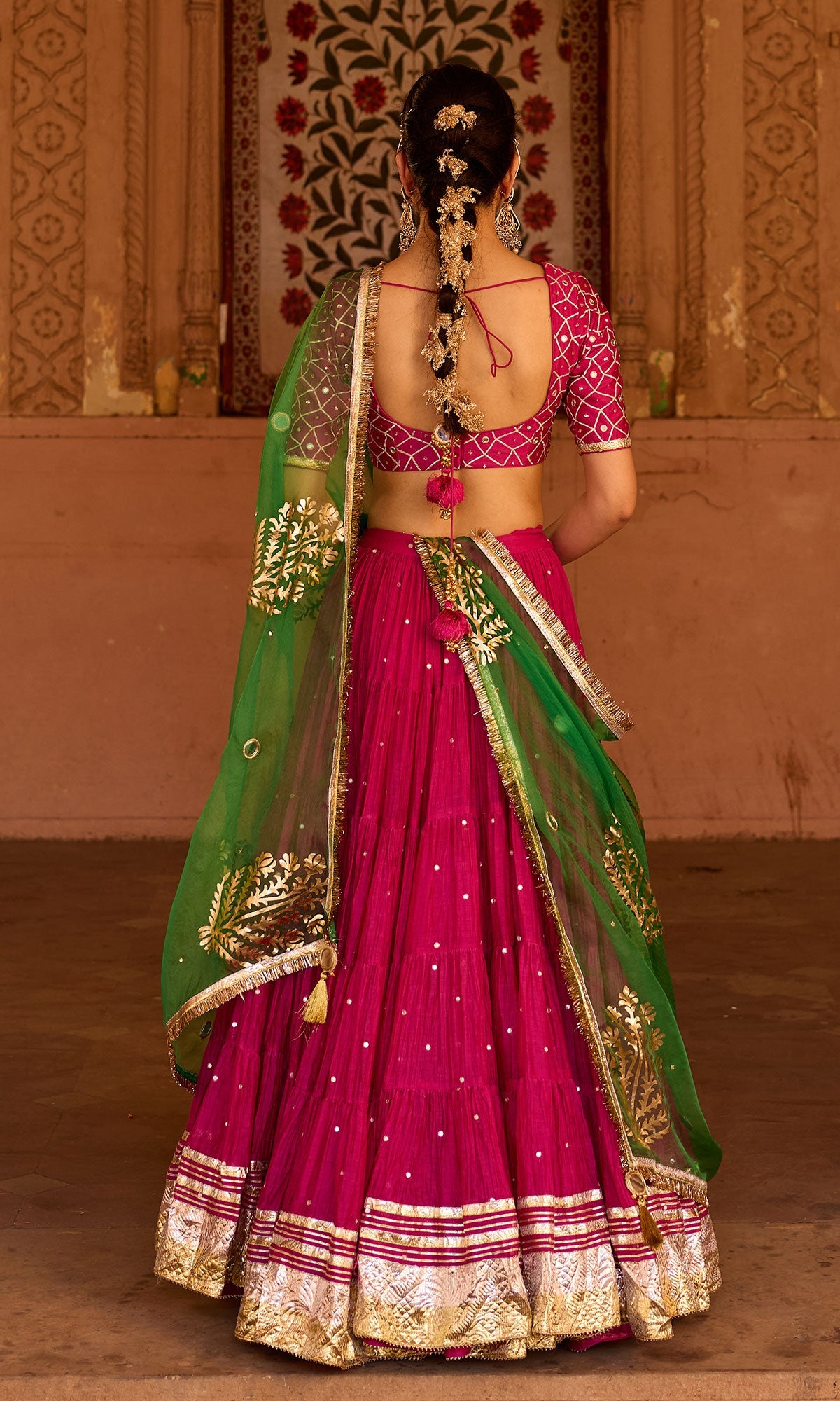 Phillauri 2 rani pink teared lehenga with gota work blouse and foil print dupatta (set of 3)