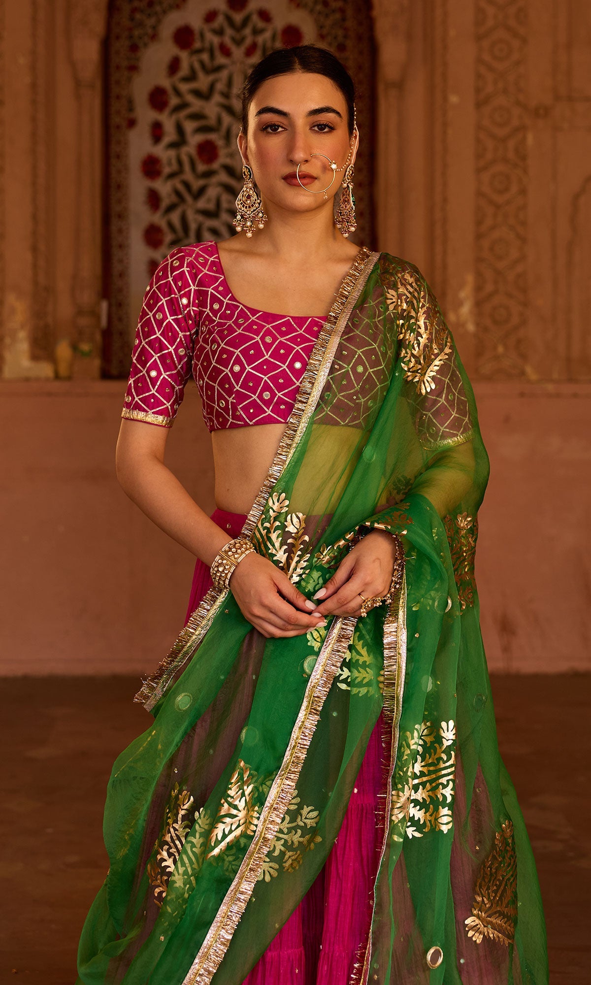 Phillauri 2 rani pink teared lehenga with gota work blouse and foil print dupatta (set of 3)