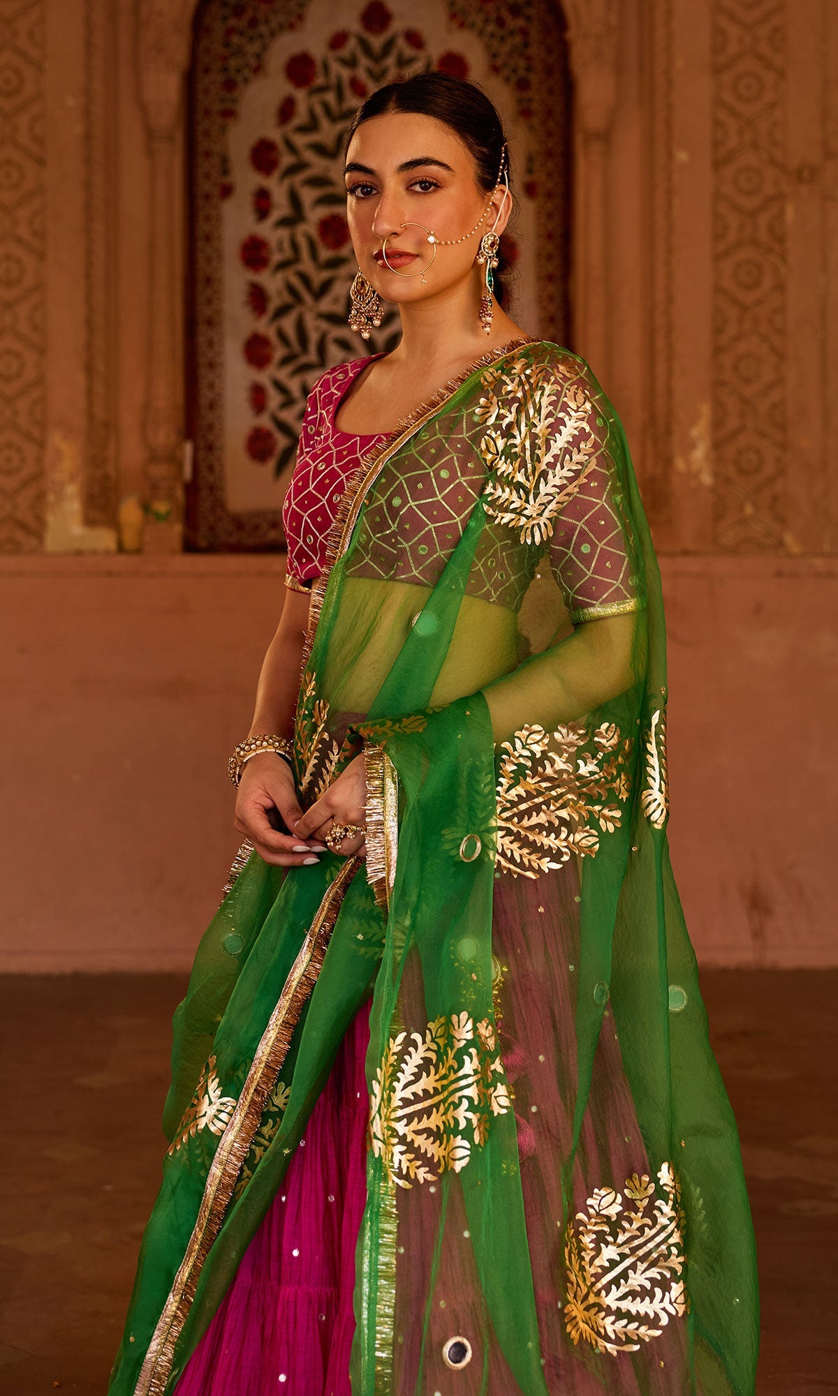 Phillauri 2 rani pink teared lehenga with gota work blouse and foil print dupatta (set of 3)
