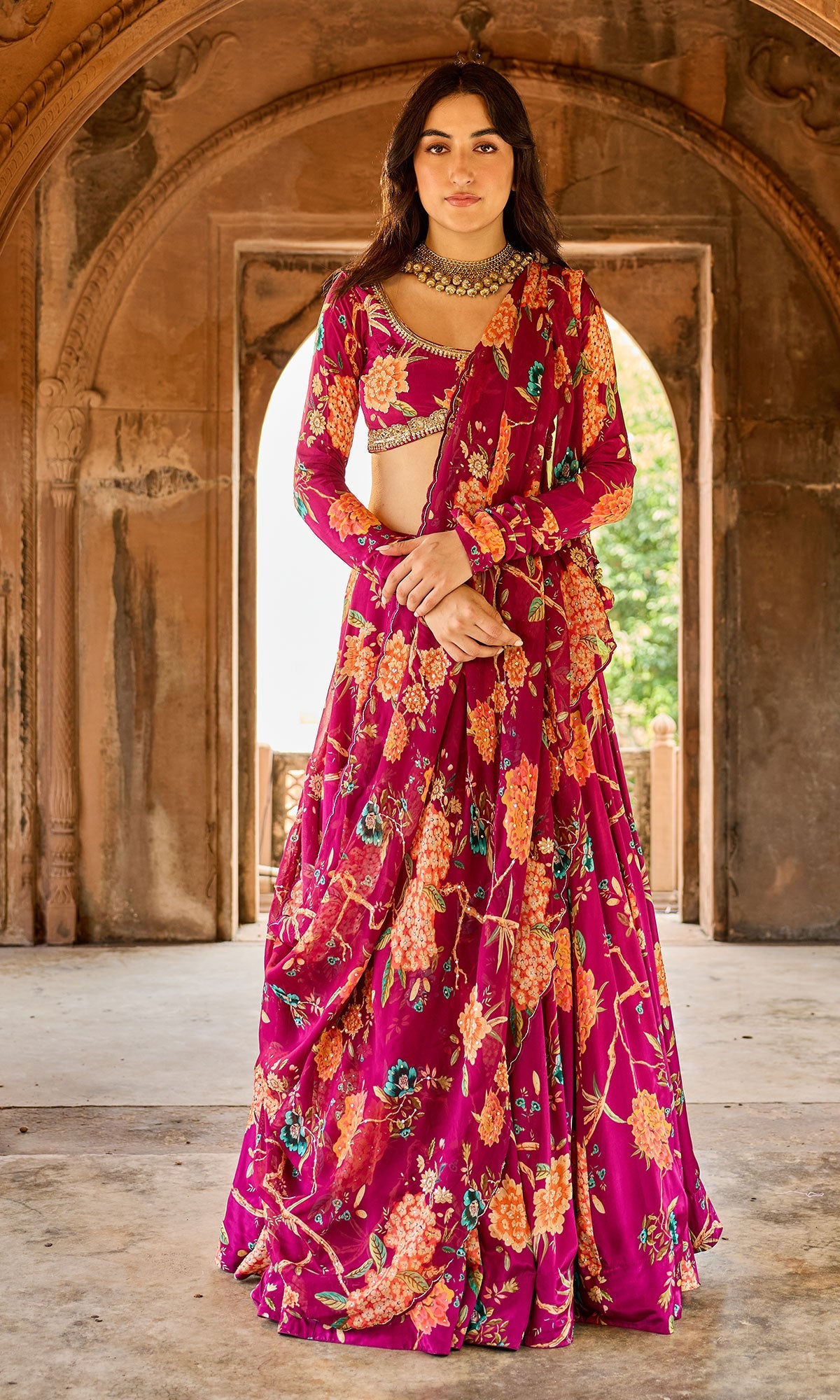 Zoya Pink Floral Embroidered Lehenga with Blouse and Dupatta (set of 3)