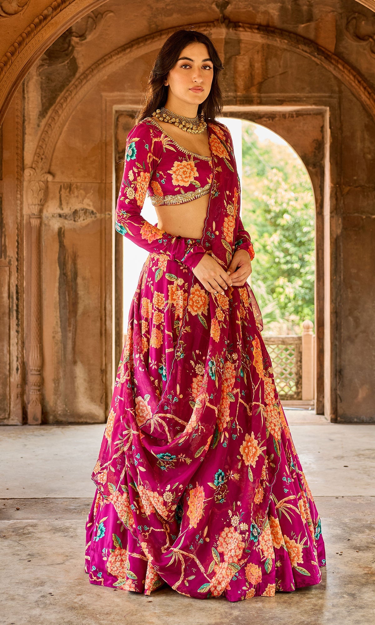 Zoya Pink Floral Embroidered Lehenga with Blouse and Dupatta (set of 3)