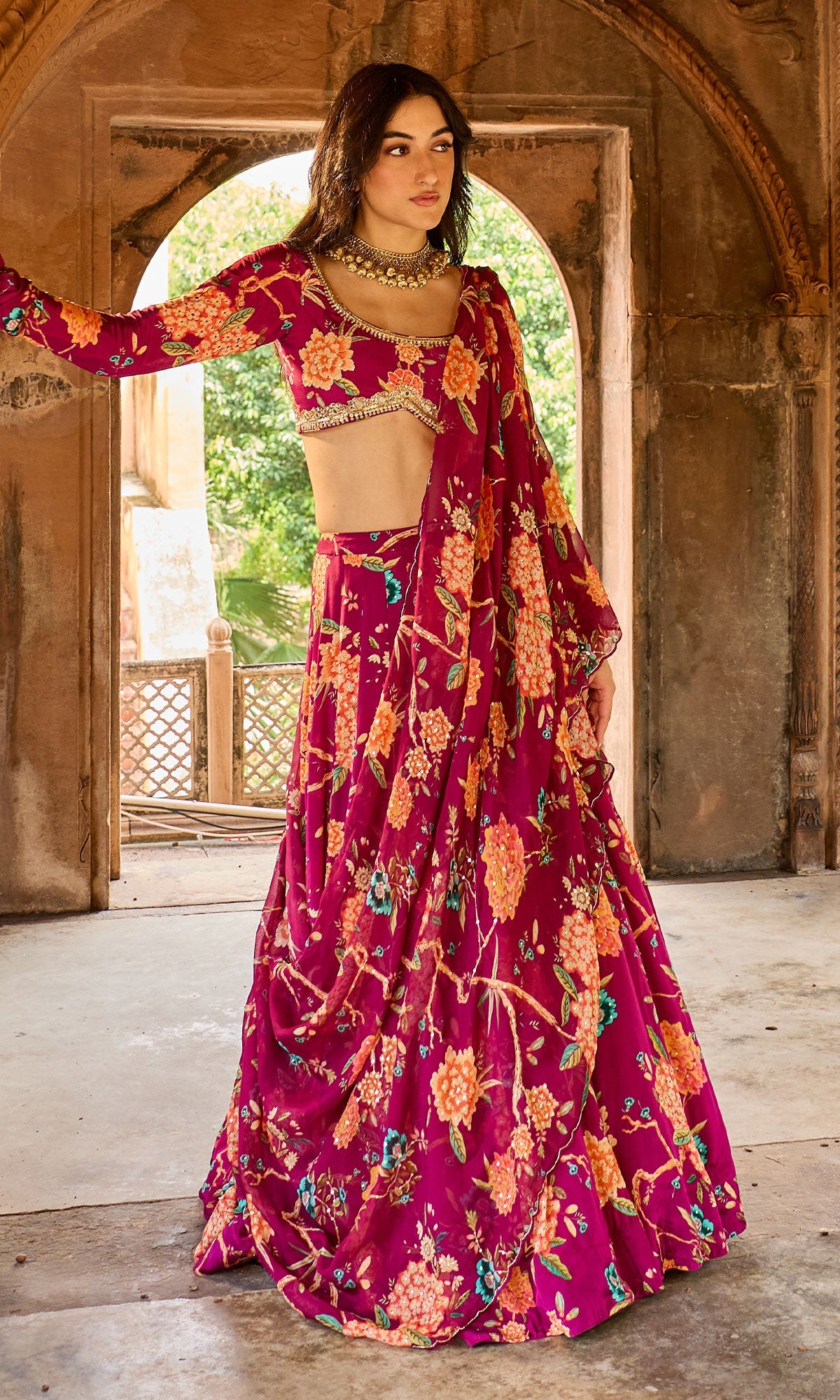 Zoya Pink Floral Embroidered Lehenga with Blouse and Dupatta (set of 3)