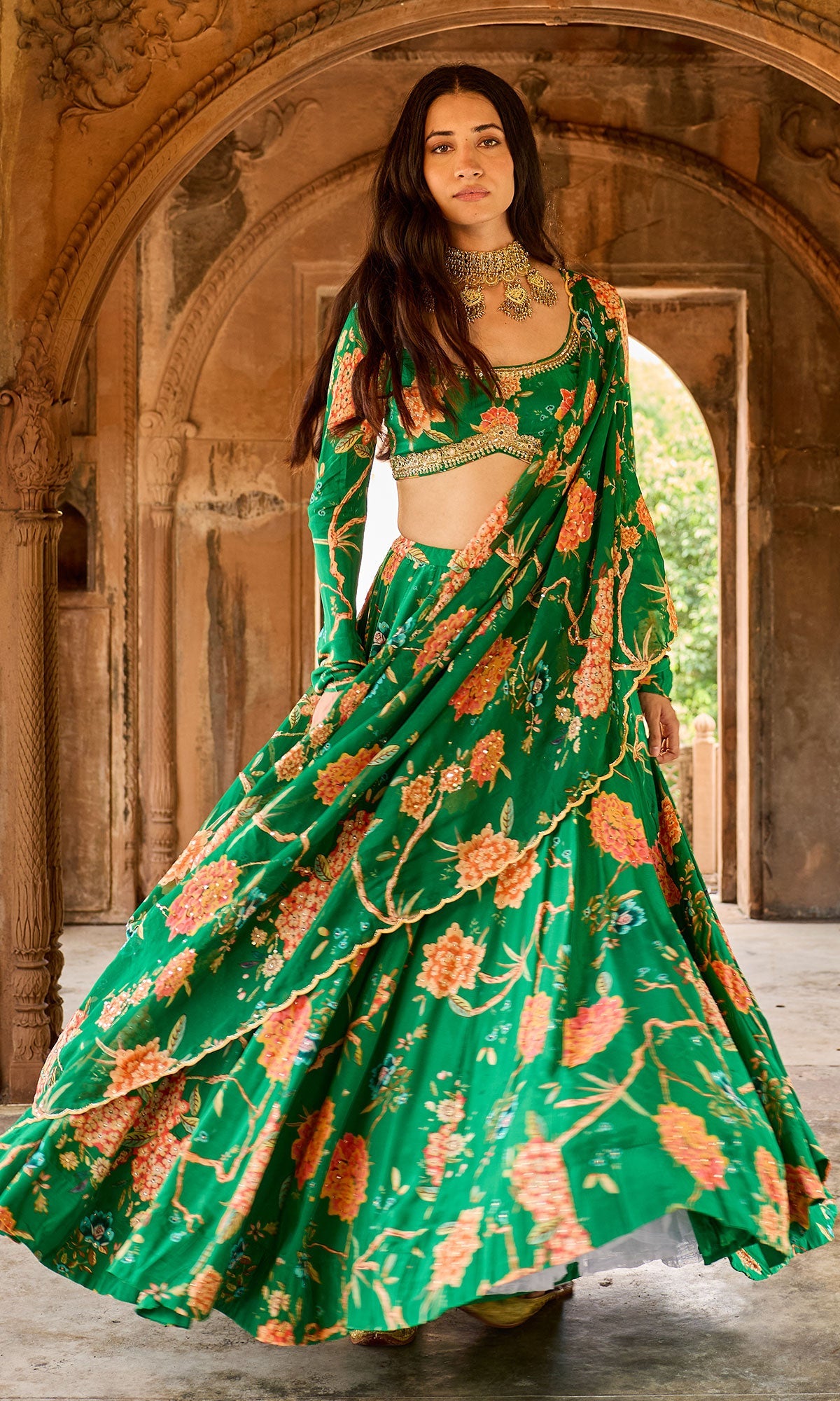 Zoya Green Floral Embroidered Lehenga with Blouse and Dupatta (set of 3)