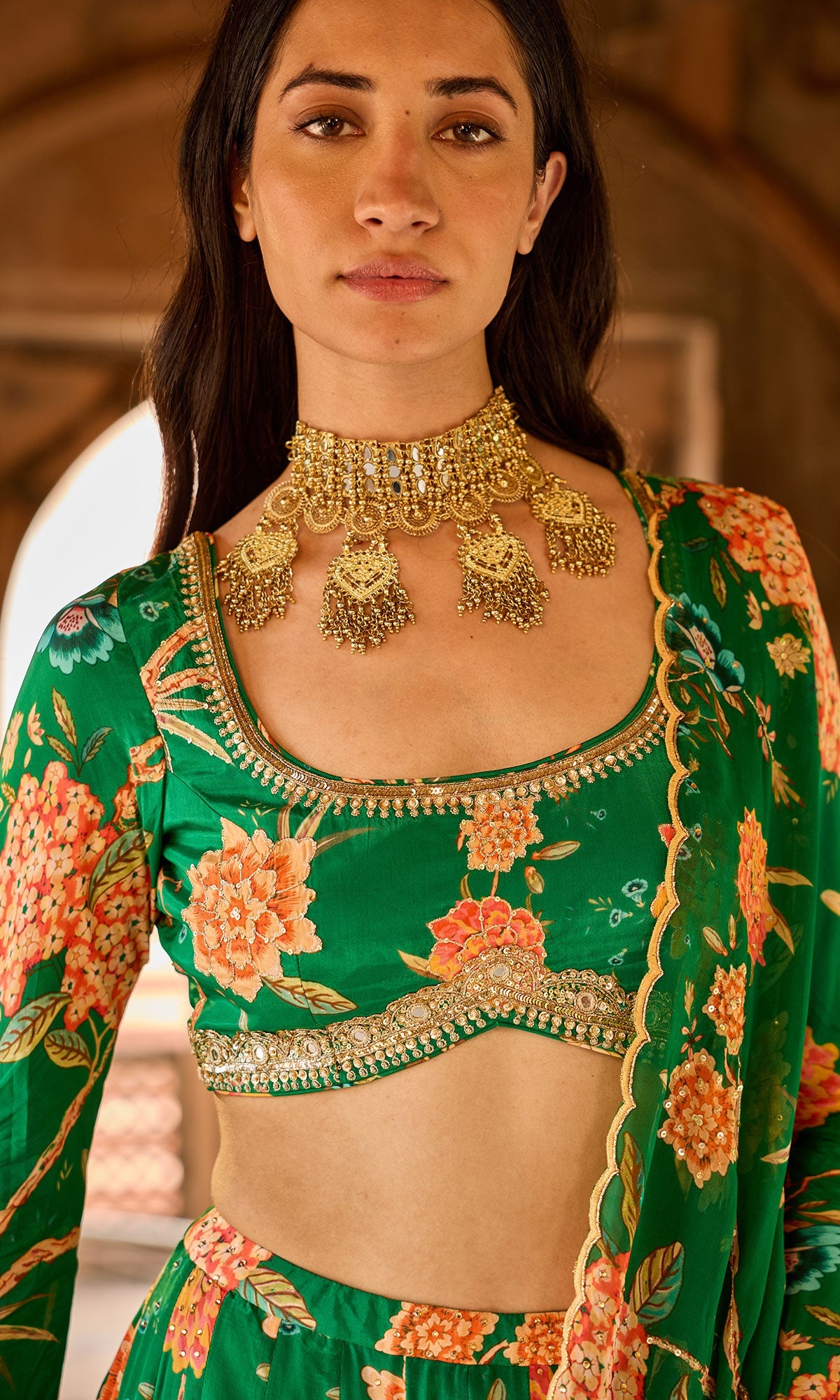 Zoya Green Floral Embroidered Lehenga with Blouse and Dupatta (set of 3)