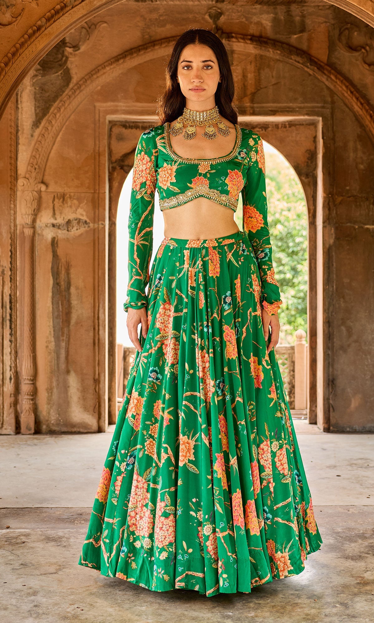 Zoya Green Floral Embroidered Lehenga with Blouse and Dupatta (set of 3)