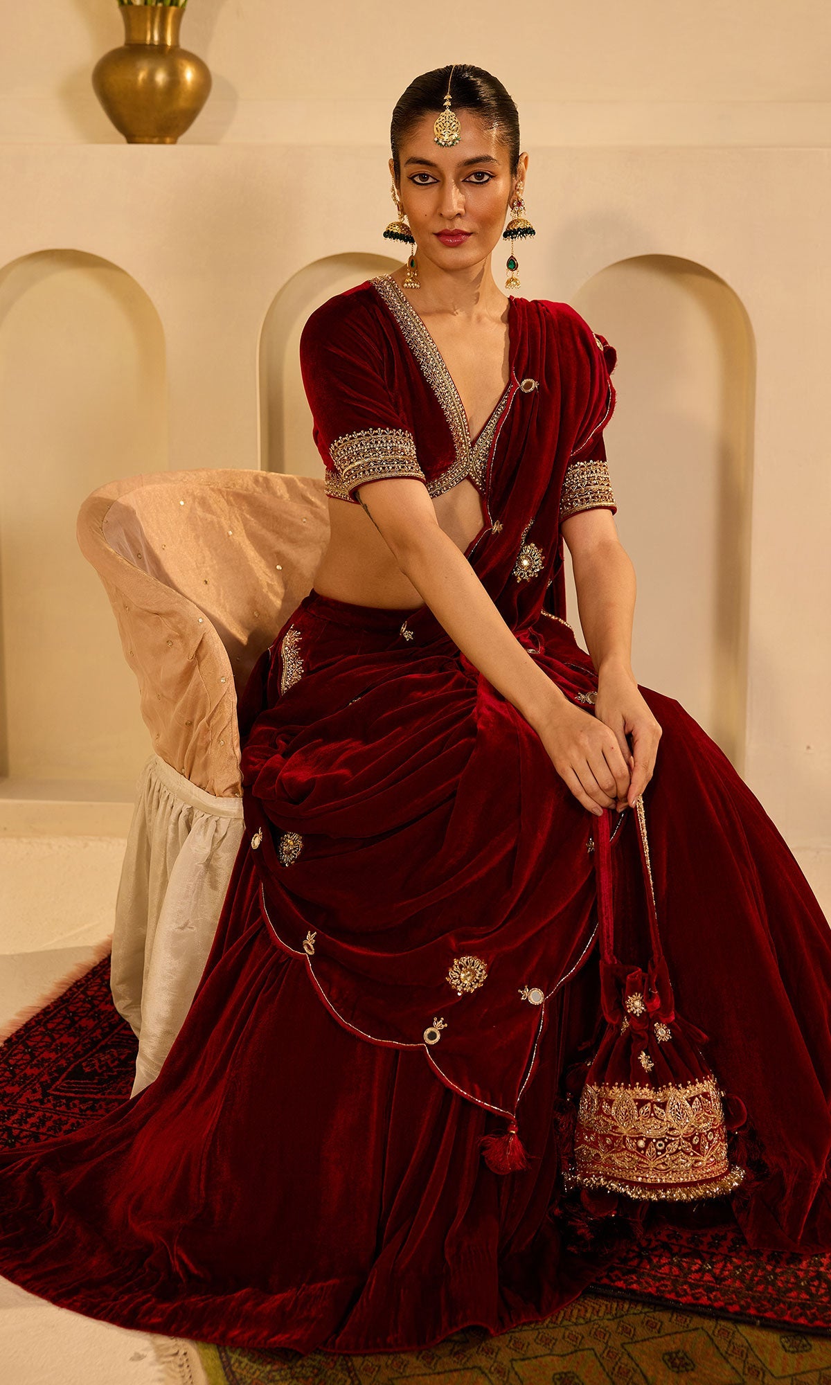 Dilbaro mughals red embroidered lehenga with blouse and shawl (set of 3)