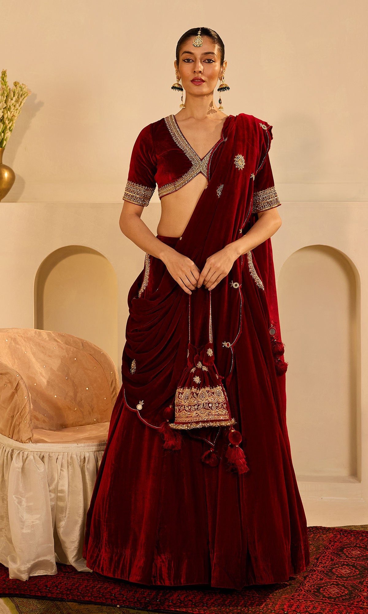 Dilbaro mughals red embroidered lehenga with blouse and shawl (set of 3)