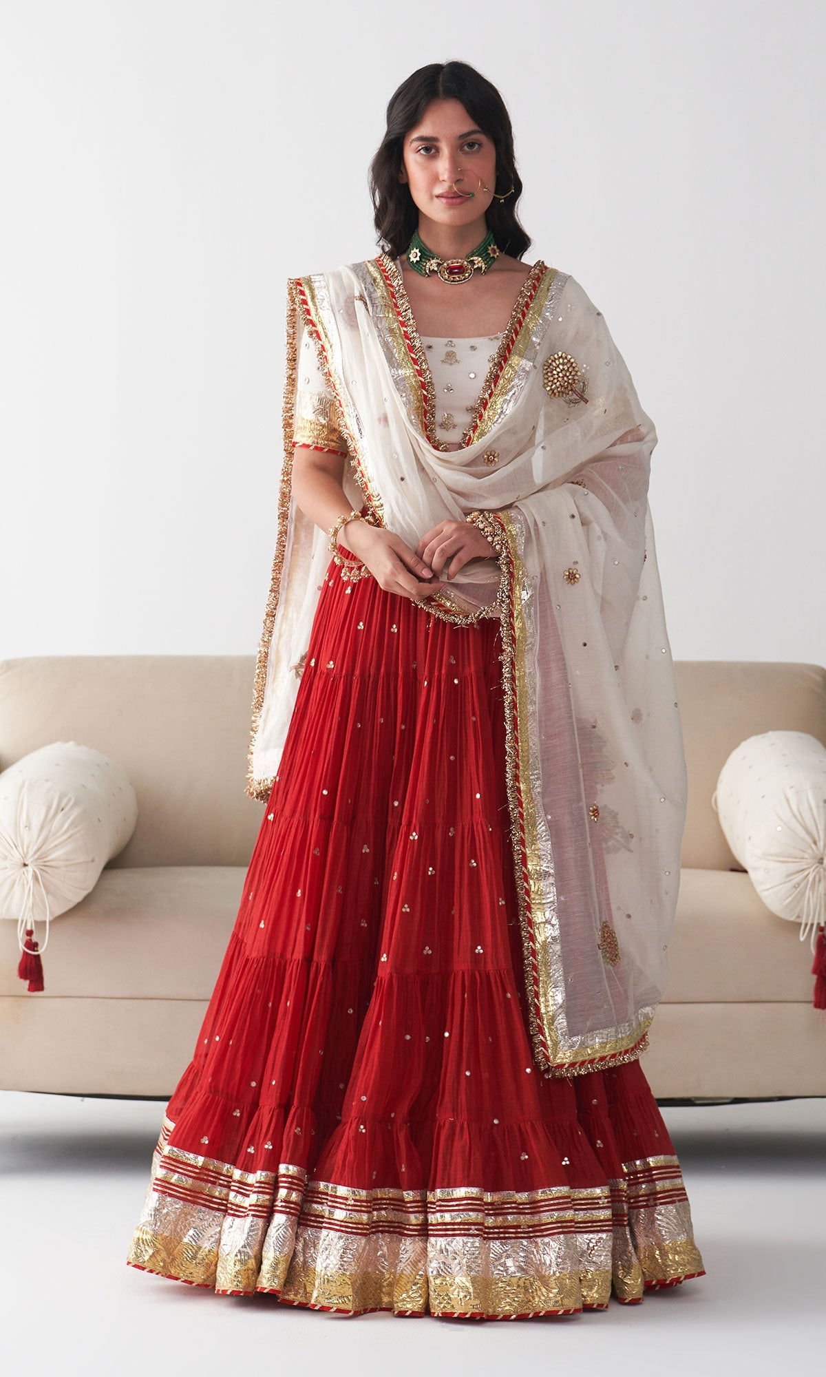 Ishq Red Tiered Lehenga with Embroidered Blouse and Dupatta (set of 3)