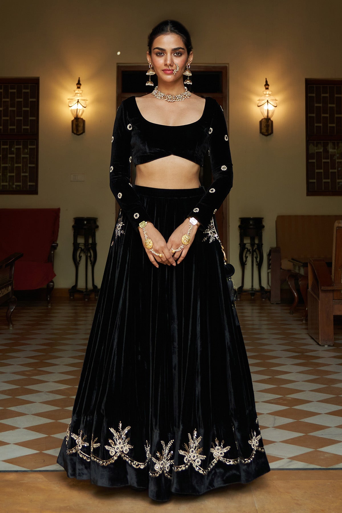 Zooni Black velvet lehenga with blouse and shawl ( set of 3)