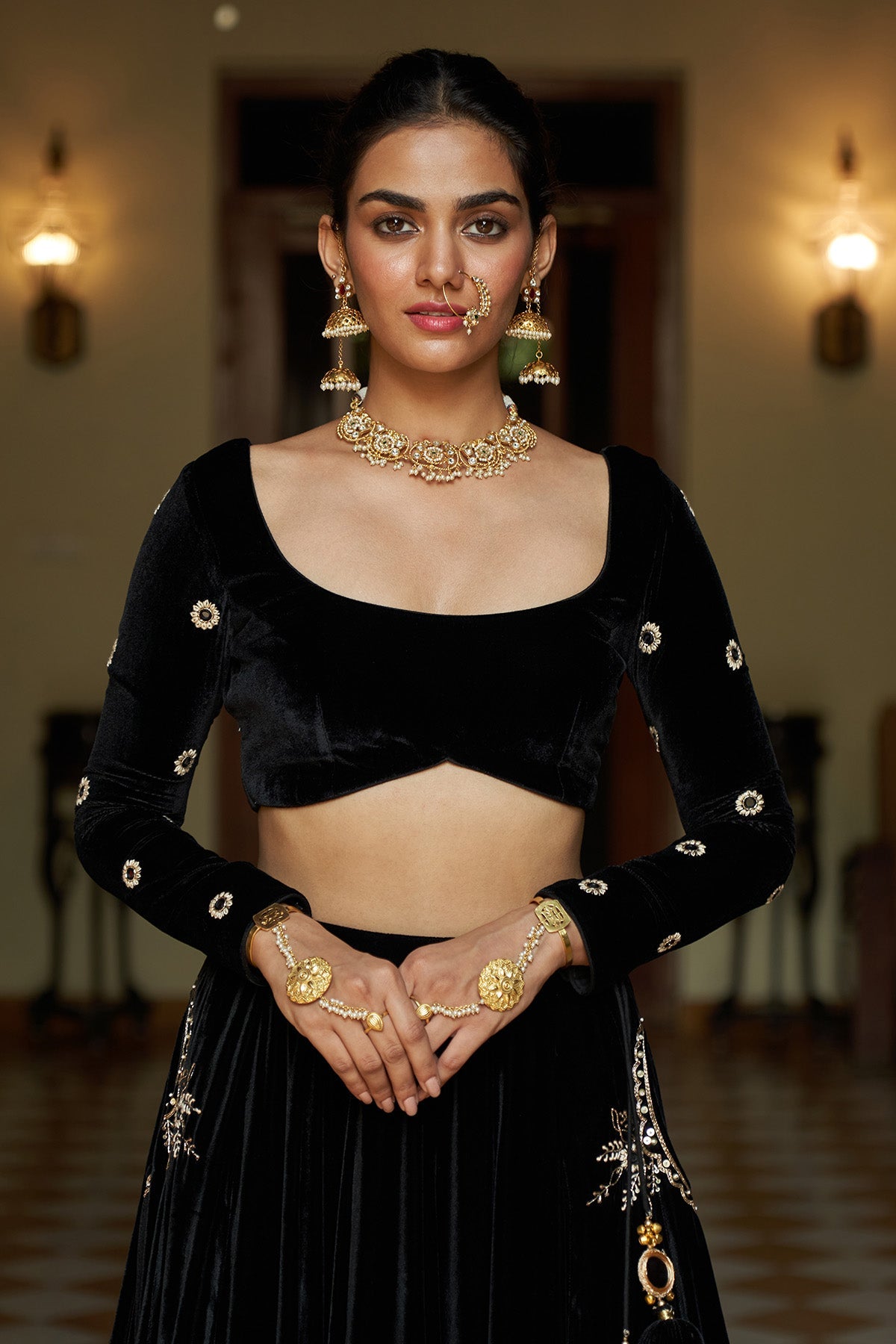 Zooni Black velvet lehenga with blouse and shawl ( set of 3)