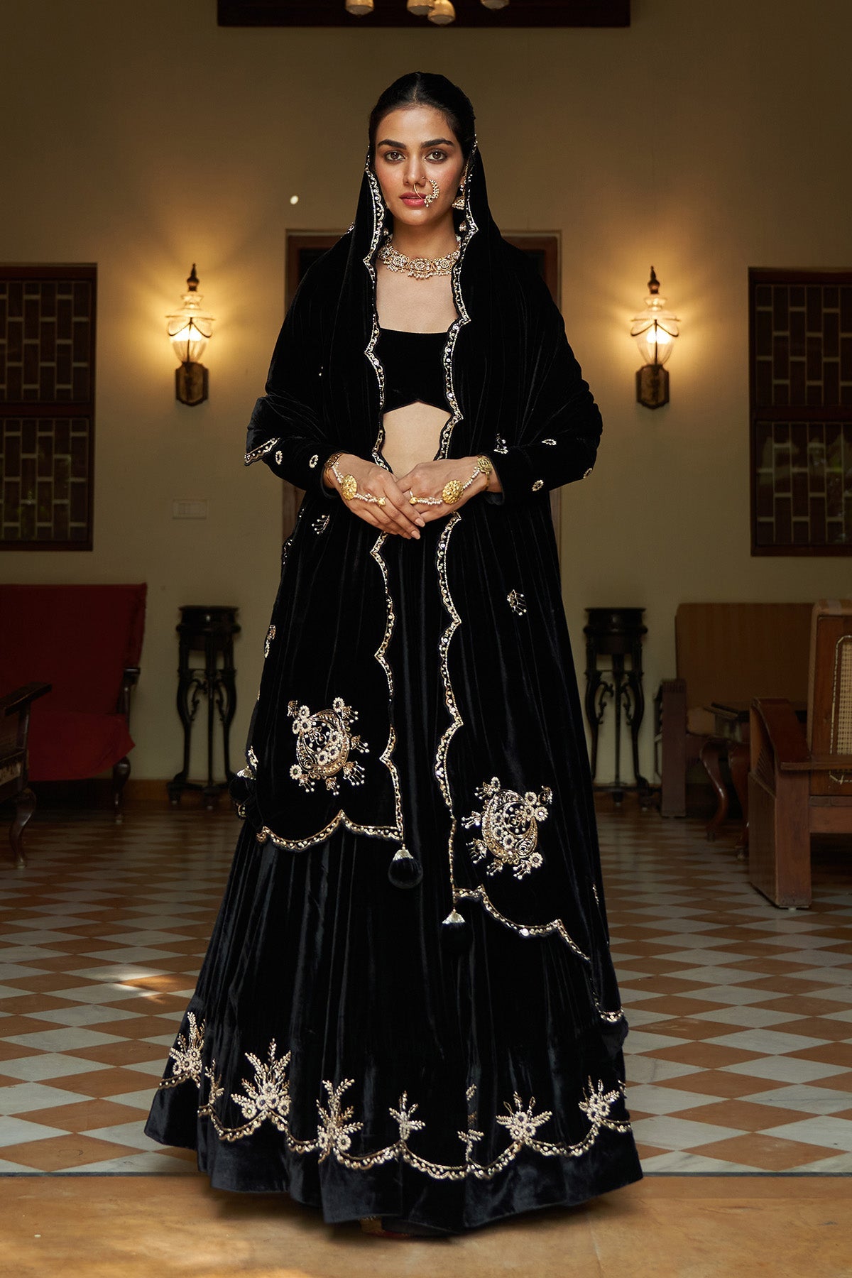 Zooni Black velvet lehenga with blouse and shawl ( set of 3)