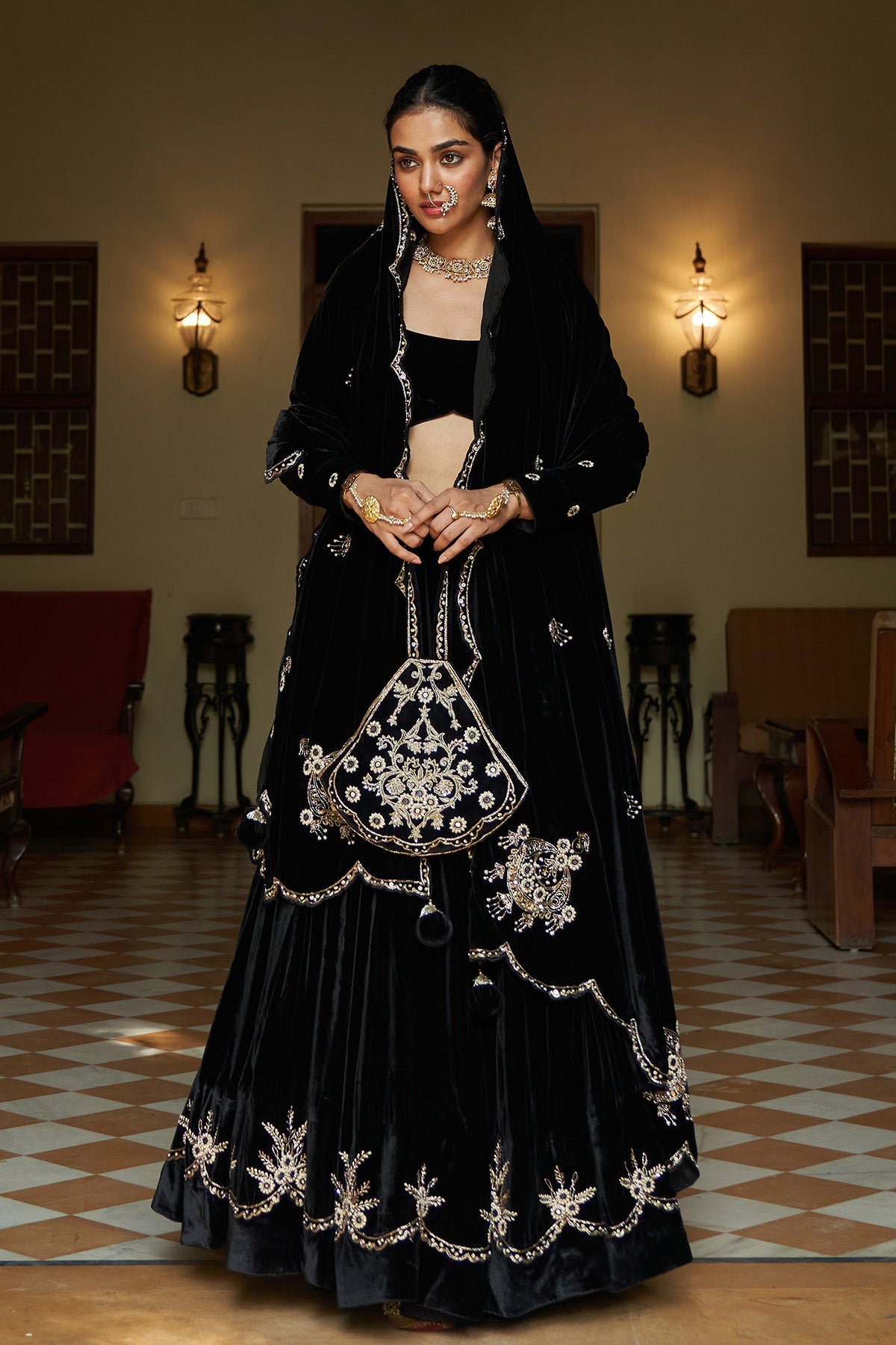 Zooni Black velvet lehenga with blouse and shawl ( set of 3)