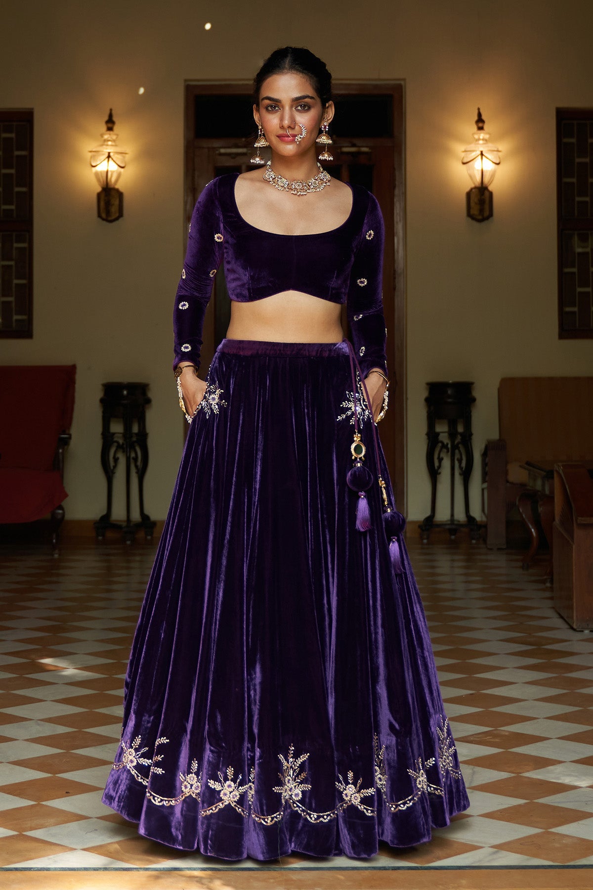 Zooni Purple velvet lehenga with blouse and shawl ( set of 3)