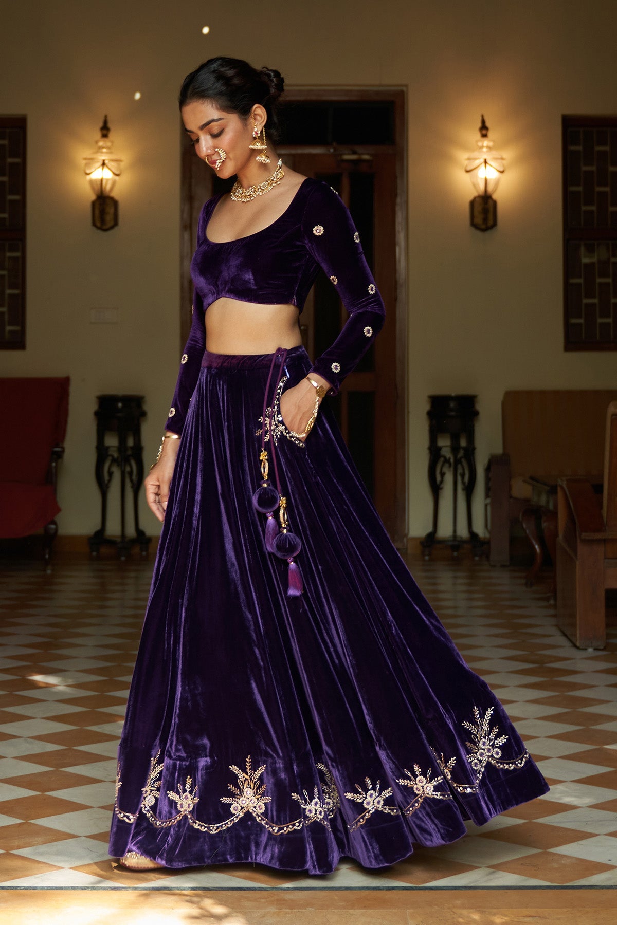 Zooni Purple velvet lehenga with blouse and shawl ( set of 3)