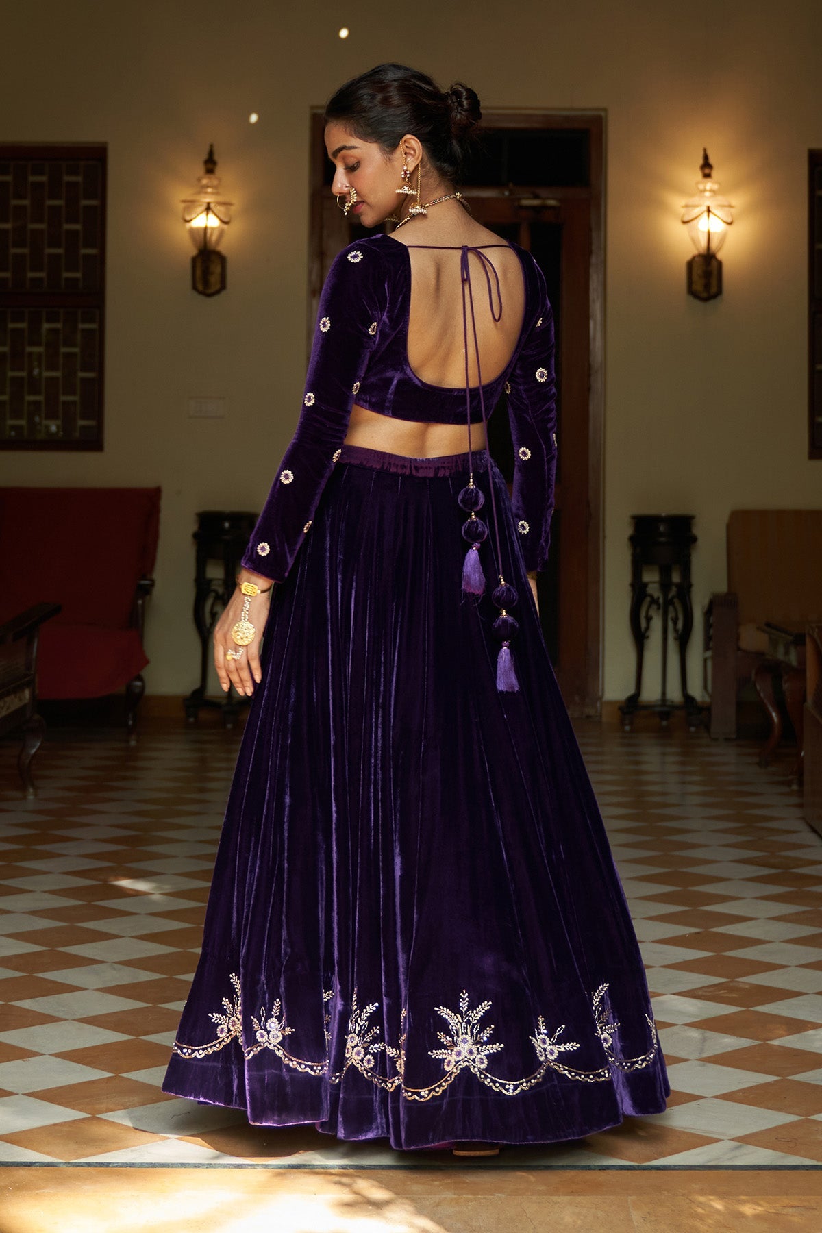 Zooni Purple velvet lehenga with blouse and shawl ( set of 3)
