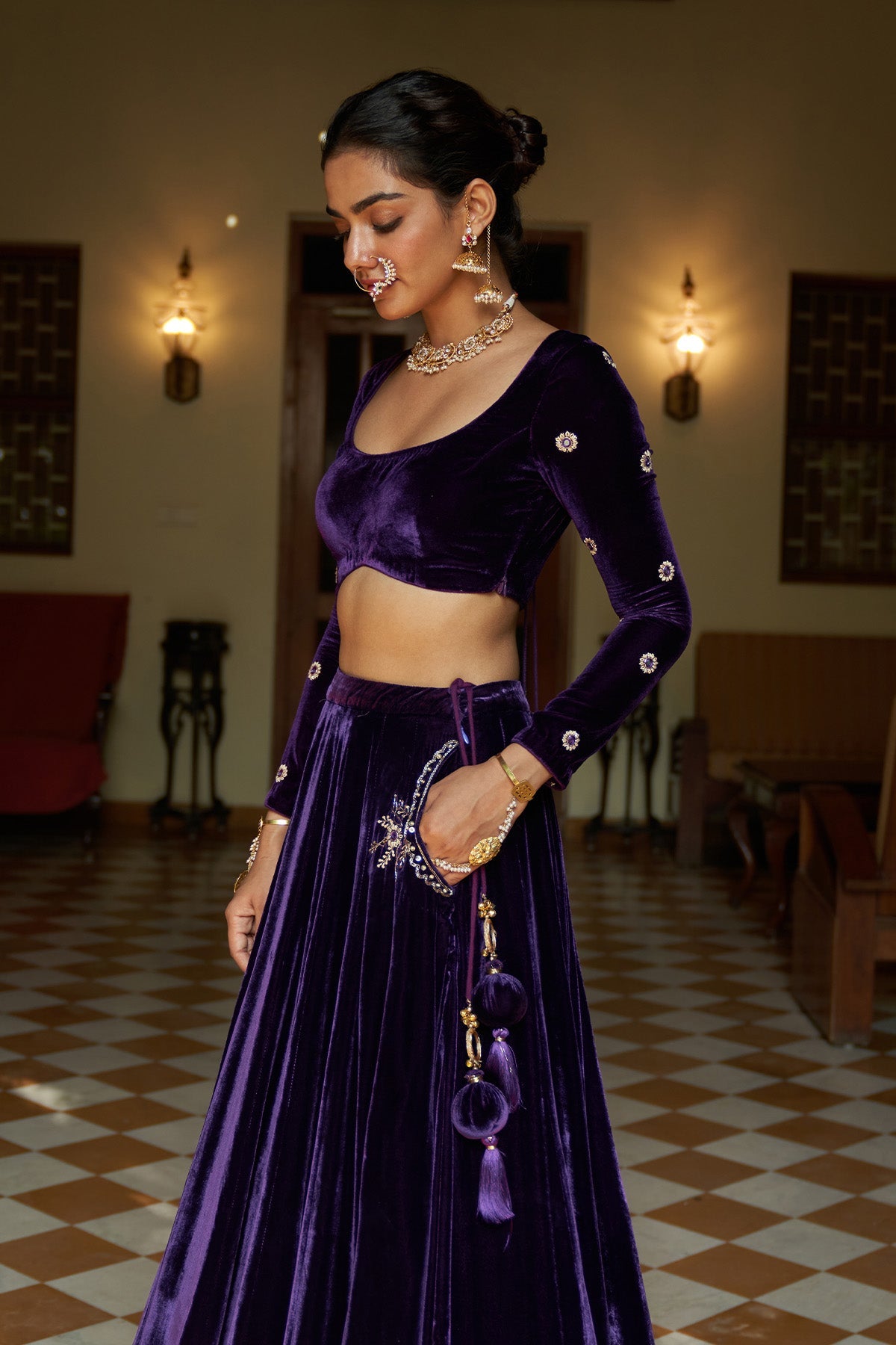 Zooni Purple velvet lehenga with blouse and shawl ( set of 3)