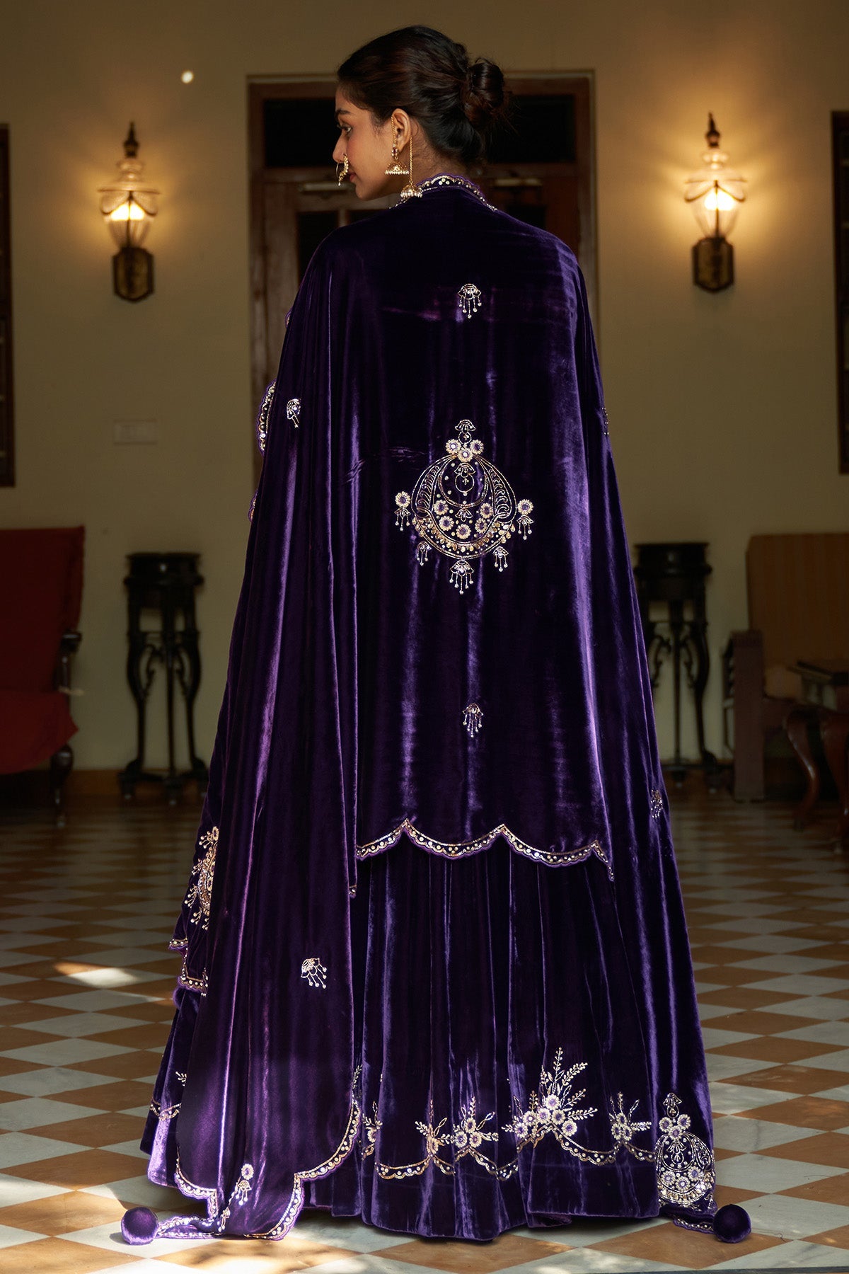Zooni Purple velvet lehenga with blouse and shawl ( set of 3)