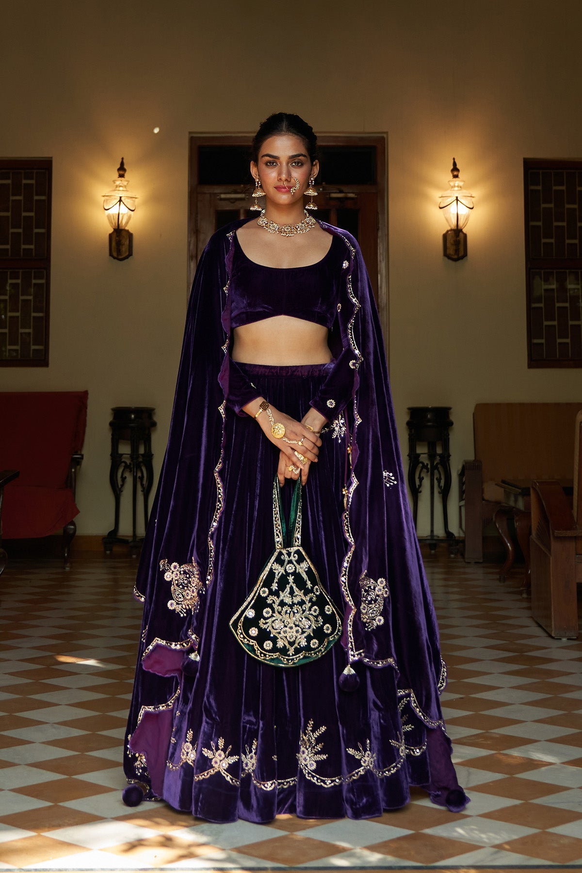 Zooni Purple velvet lehenga with blouse and shawl ( set of 3)