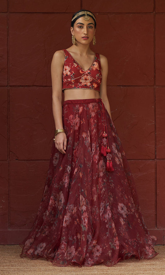 Bagh - Red Floral Printed Lehenga Set - set of 3